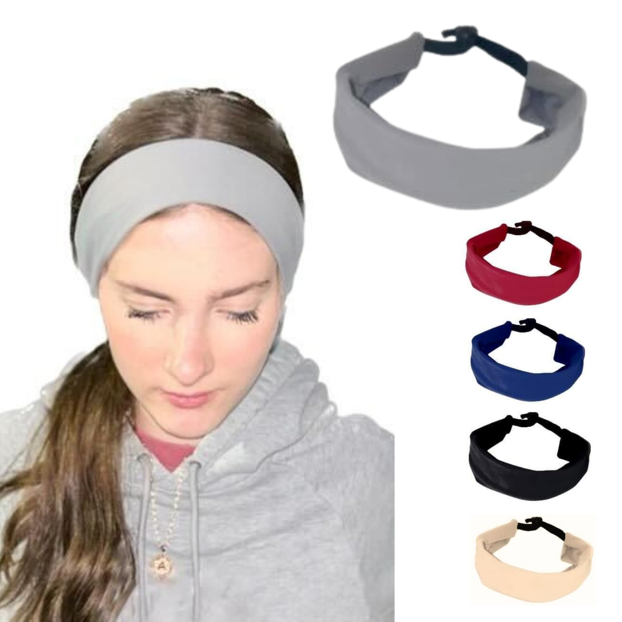 Non-Slip Sweat Headbands for Women - Breathable Moisture Wicking Workout Headbands for Gym, Running, Yoga & Exercise - Adjustable Wide Sports Headband (Gray) - Perfect for Fitness, Tennis & Outdoor Activities