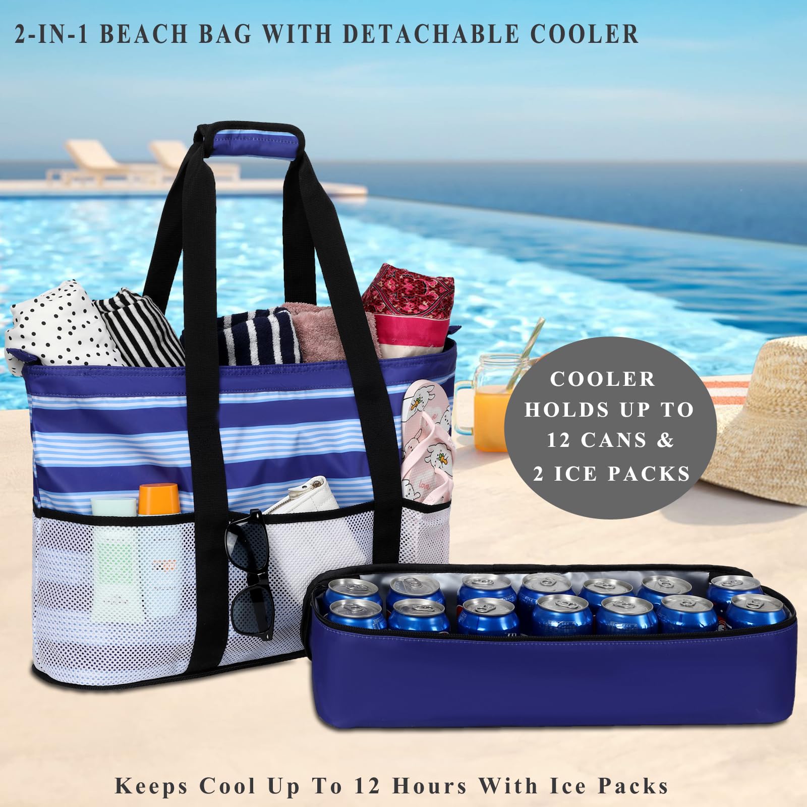 DSIUE Waterproof Beach Bag with Built-in Cooler - Large Sandproof Tote for Women - Perfect for Pool, Gym, Travel & Summer Outings