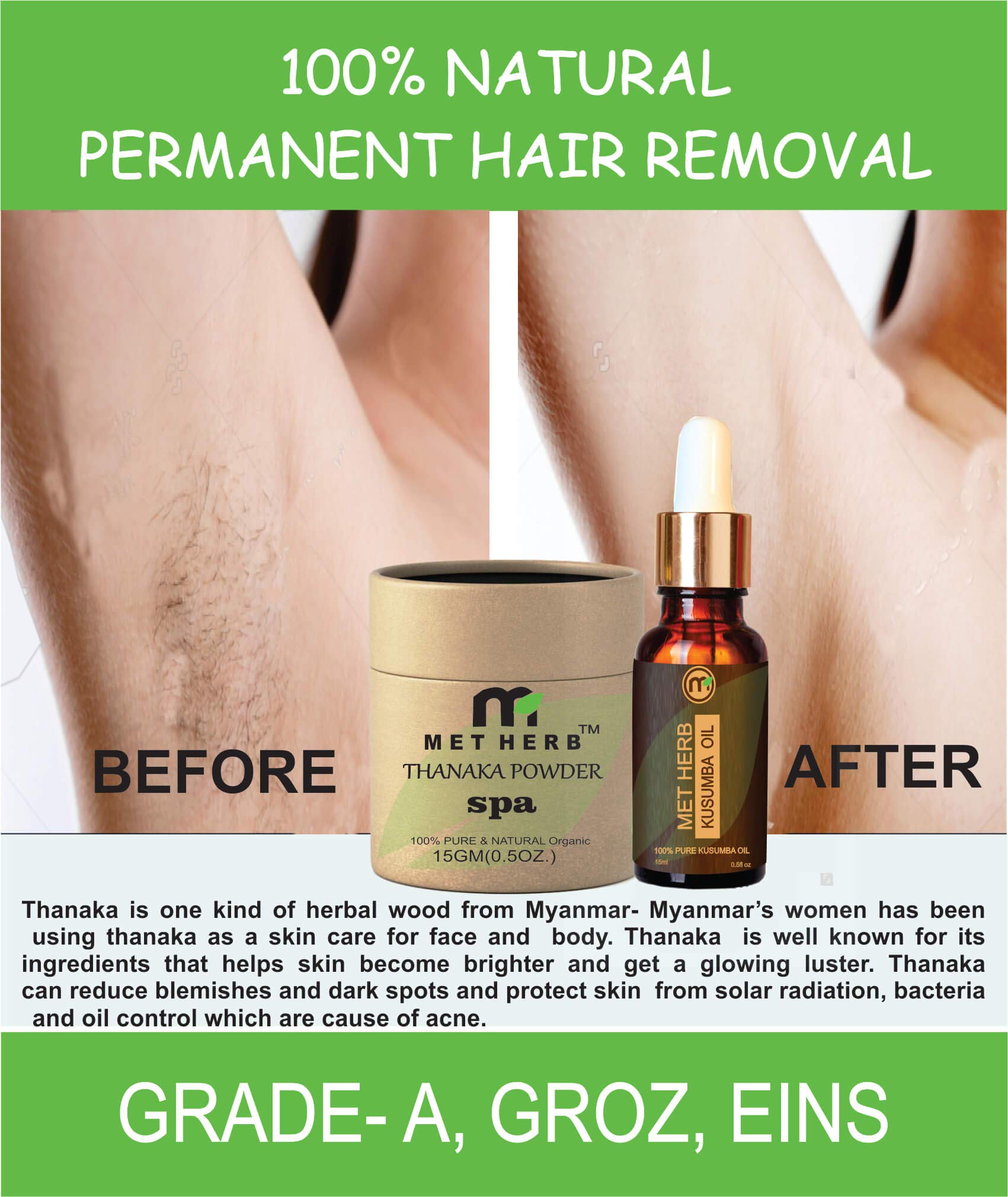 Natural Thanaka Powder & Kusumba Oil Set for Permanent Hair Removal, Anti-Acne, Anti-Aging & Skin Whitening - Exfoliating Scrub, Sun Protection & Face Mask (15g+30ml) - Perfect for Daily Skincare Routine & Spa Treatments