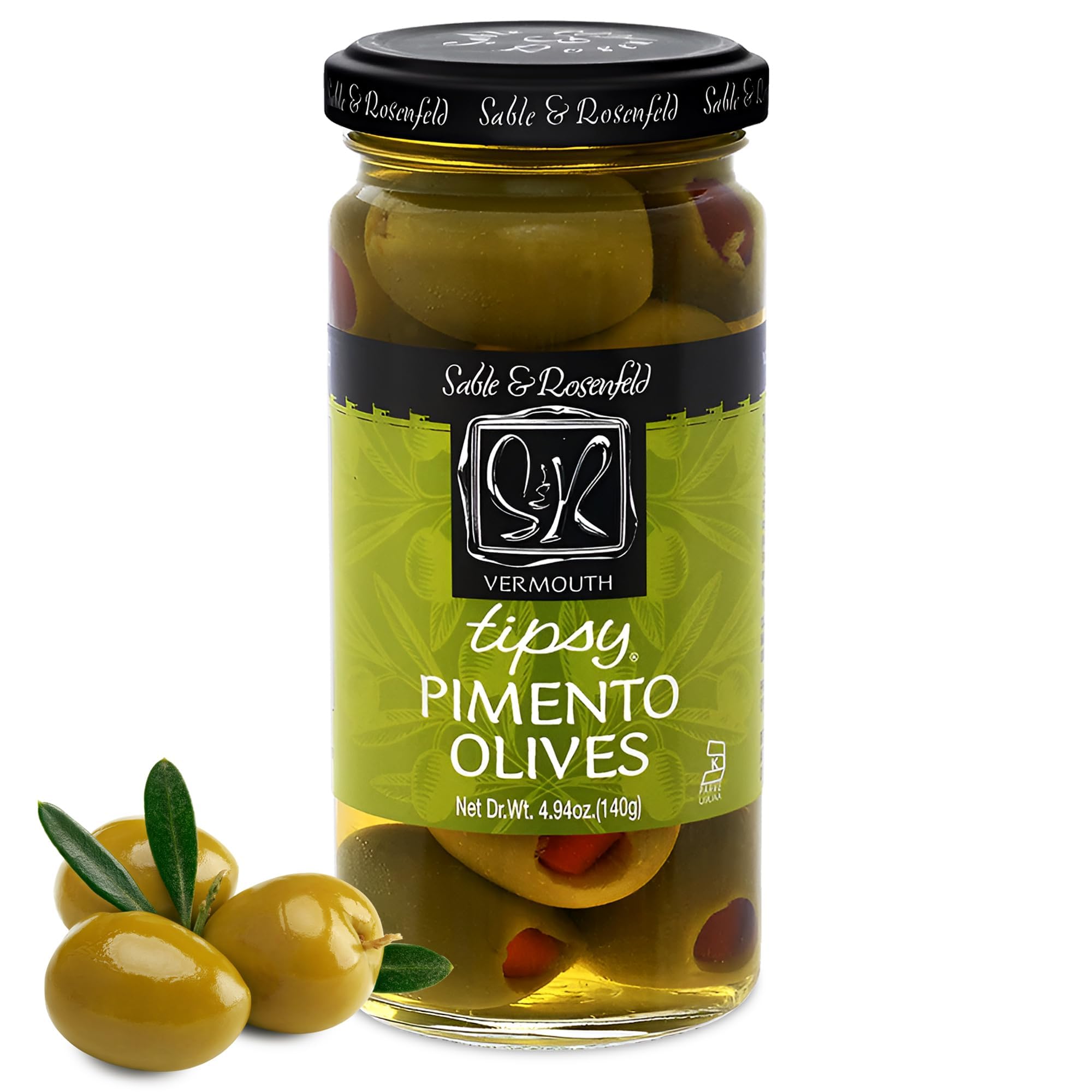Premium Sable & Rosenfeld Tipsy Olives - Jumbo Green Olives Stuffed with Pimento in French Vermouth - Perfect for Cocktails, Bloody Mary Garnish & Martini Recipes - Gourmet Bar Snack & Party Appetizer - 4.94 oz (Pack of 1) - Ideal for Home Bars, Cocktail Parties & Holiday Entertaining