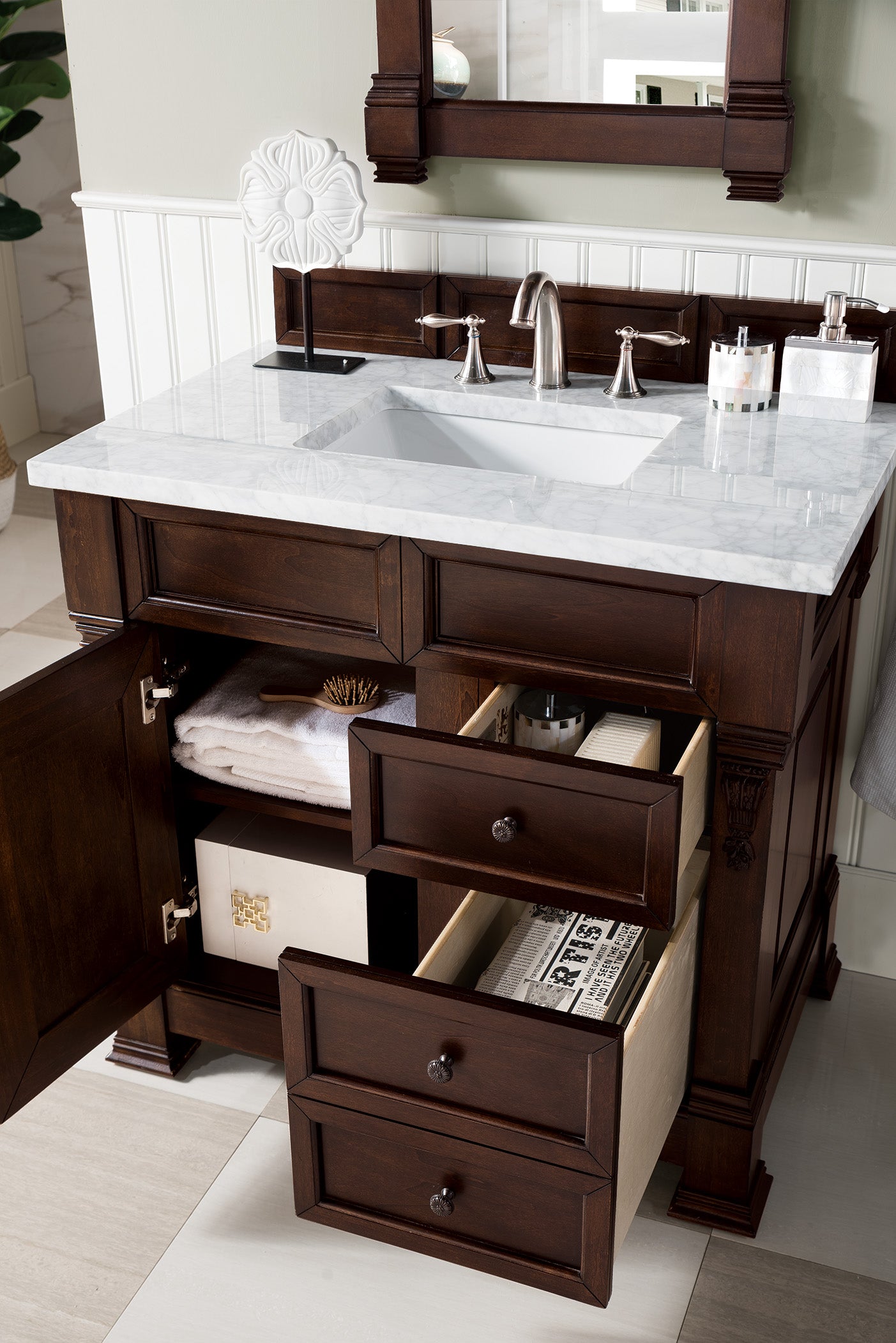 Brookfield 36 Inch Single Bathroom Vanity with Burnished Mahogany Finish & 3CM Carrara Marble Top - Perfect for Modern Master Bathrooms & Guest Powder Rooms