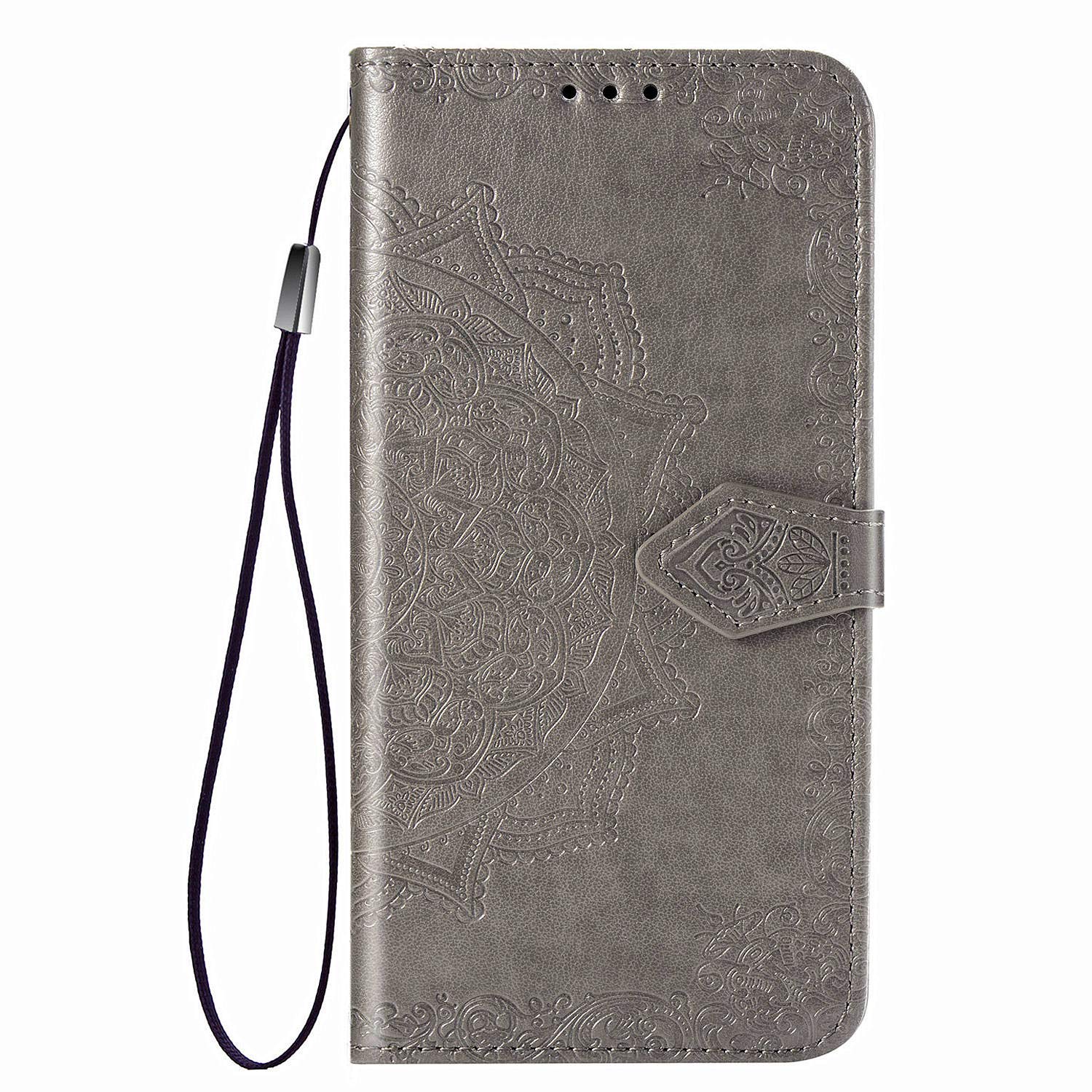 Premium Wallet Case for iPhone 11 Pro Max - Embossed Mandala Flower Design with Card Holder & Kickstand | Women's Flip Phone Cover with Wrist Strap (6.5 Inch, Gray) | Perfect for Daily Use, Travel & Hands-Free Convenience
