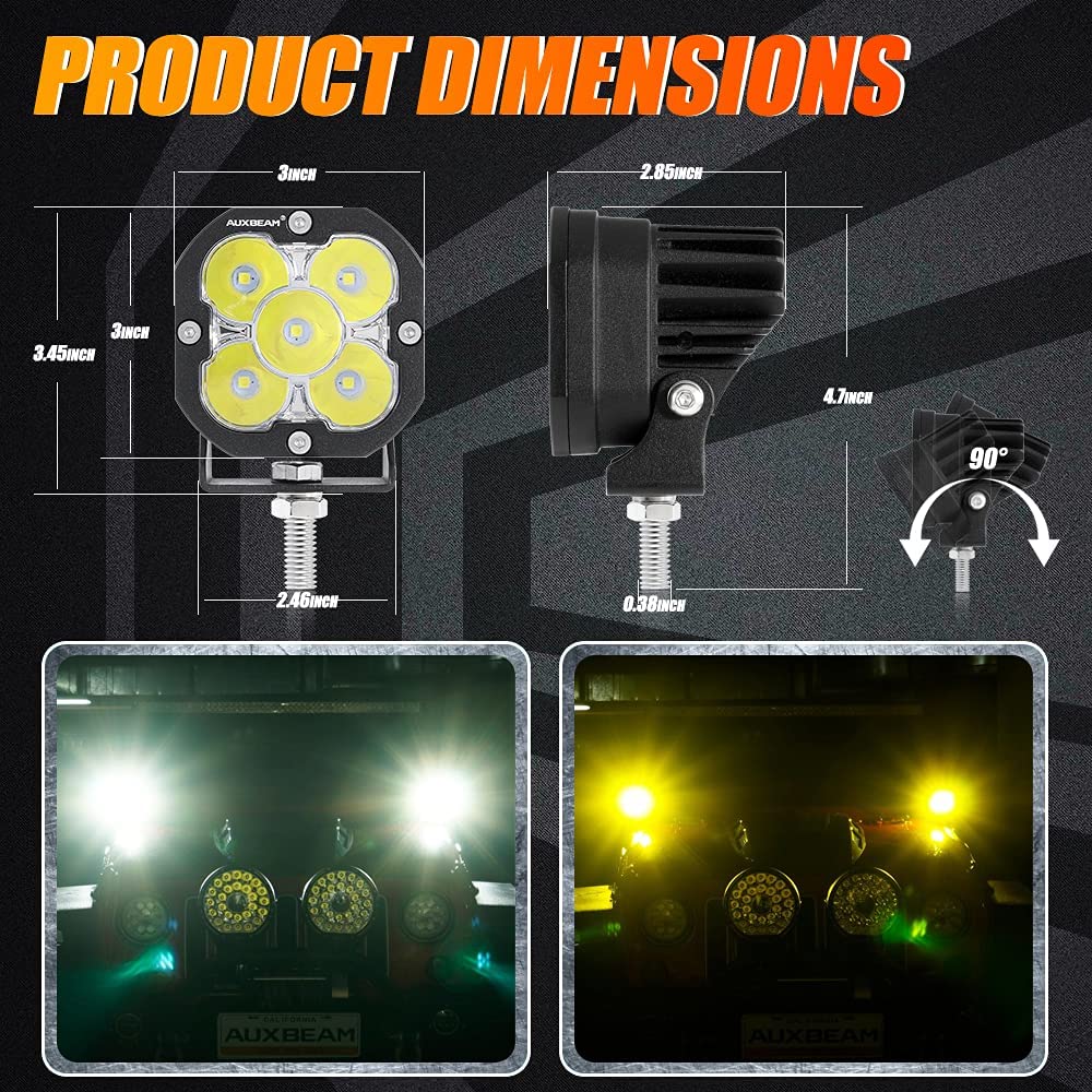 Auxbeam 3 Inch LED Pods - 80W 9600LM Amber Fog Light Pods for Offroad, Jeep, Truck, ATV, UTV | Spot Flood Combo Ditch Lights | Perfect for Night Driving, Work Lighting, and Outdoor Adventures