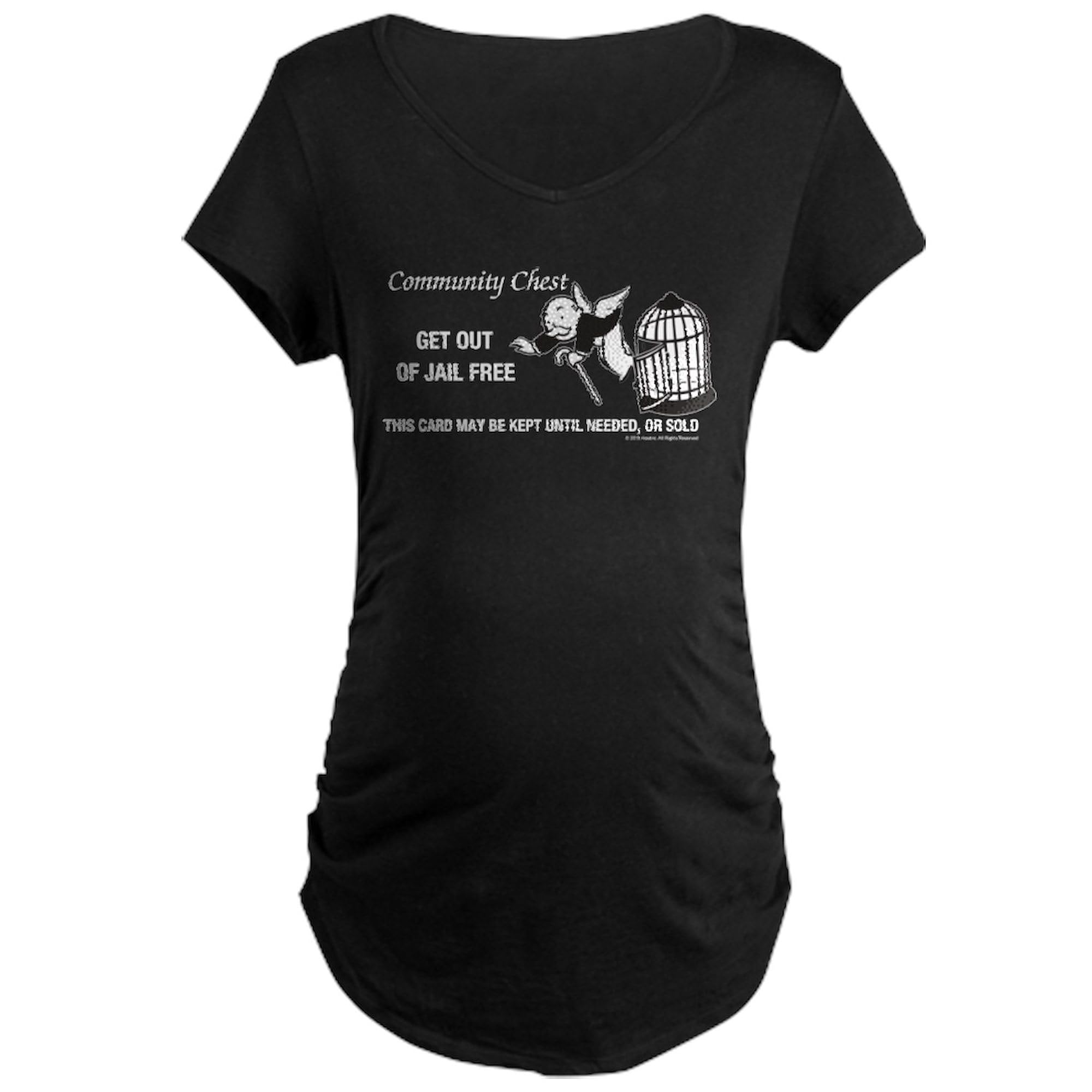 Monopoly Get Out of Jail Maternity T-Shirt for Women - Funny Pregnancy Dark Tee with Ruched Sides | Perfect for Baby Showers, Gender Reveals & Maternity Photos