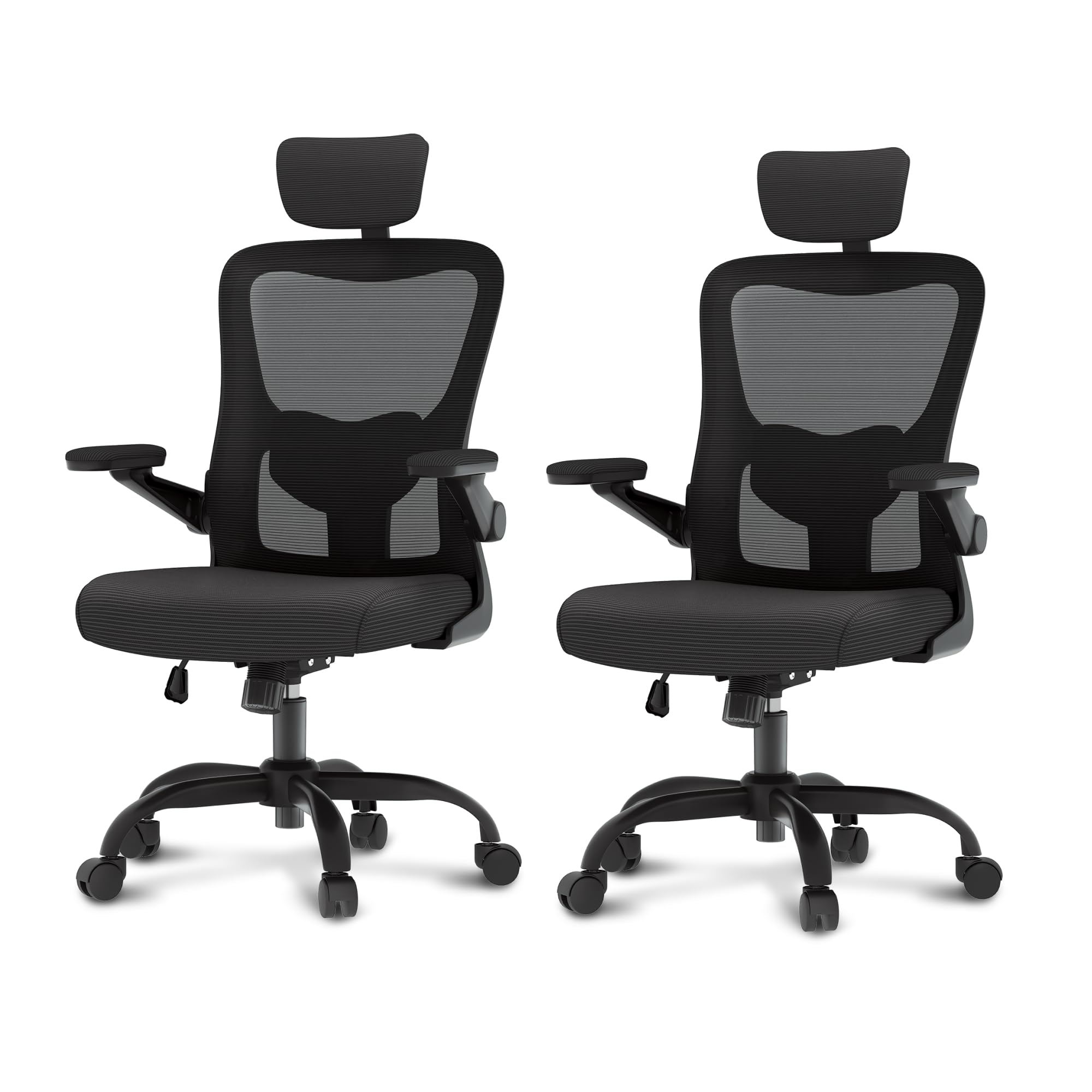 FLEXISPOT Ergonomic Office Chair - Adjustable Mesh Computer Desk Chair with 3D Flip-Up Armrests, Headrest & Lumbar Support - High Back Rolling Task Chair with Swivel Wheels (Black, 2-Pack) - Perfect for Home Office, Gaming & Workspace Comfort