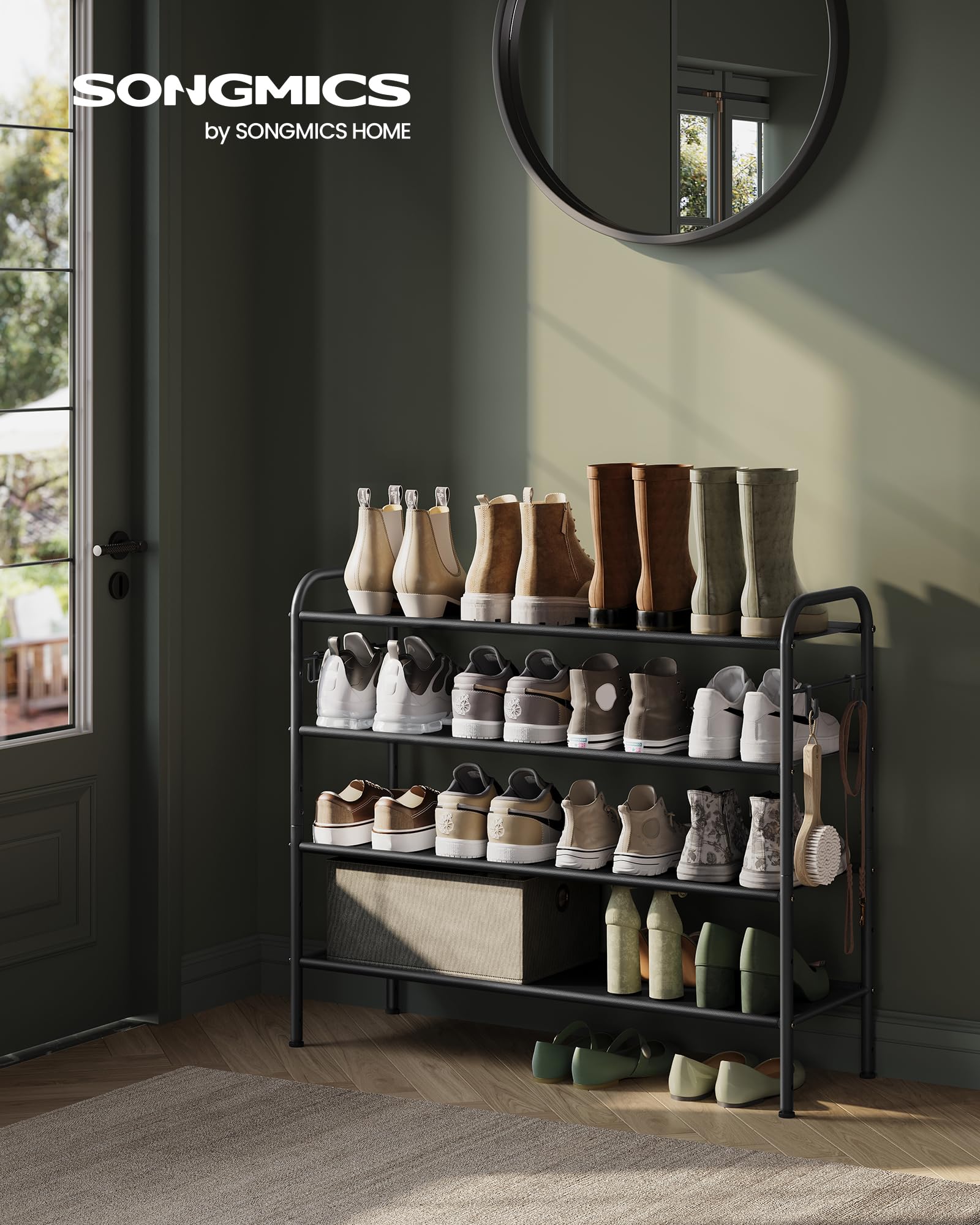 SONGMICS 4-Tier Fabric Shoe Rack Organizer with 4 Hooks - Holds 20 Pairs of Shoes, Adjustable Height for Entryway, Hallway & Closet - Easy Assembly, Space-Saving Storage Solution - Perfect for Small Apartments & Home Organization (Ink Black)