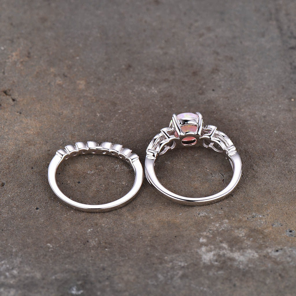 14K/18K White Gold Floral Pink Fire Opal Engagement Ring Set for Women - Elegant Wedding, Anniversary, or Promise Jewelry Gift