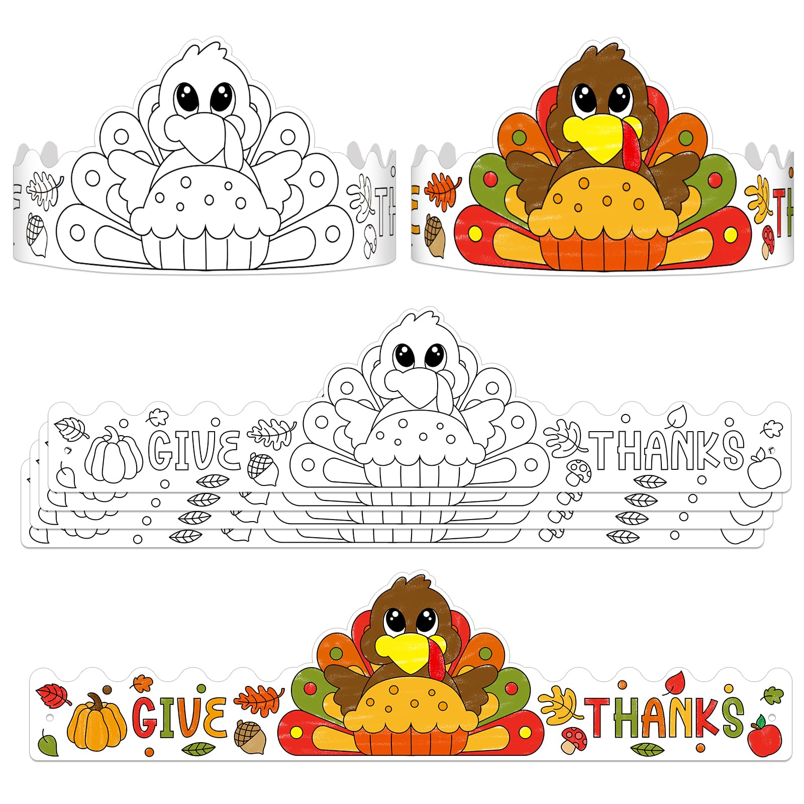 PETCEE 24PCS DIY Thanksgiving Turkey Coloring Crowns - Adjustable Paper Hats for Kids & Adults, Fall Classroom Crafts, Family Party Activities & Holiday Decorations | Perfect for Thanksgiving Celebrations, Classroom Projects, and Autumn Festival Fun
