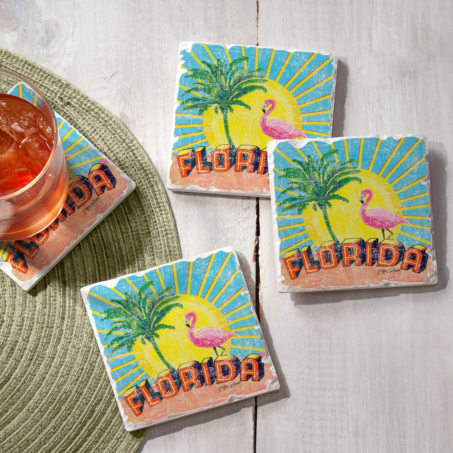 Florida Retro Coasters Set of 4 - Sandstone Drink Coasters for Home Bar, Coffee Table & Outdoor Patio Decor