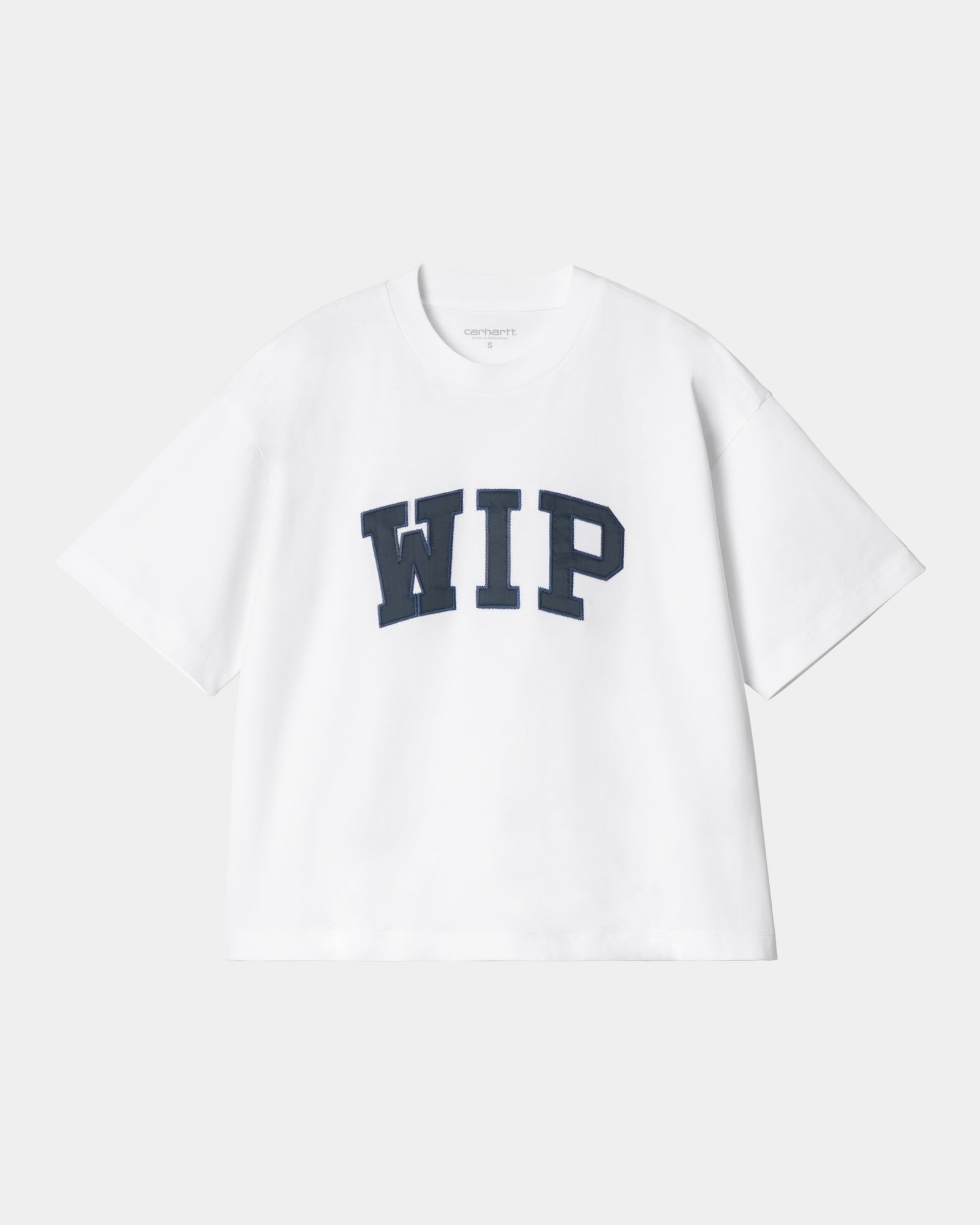 Women's WIP T-Shirt - Soft Cotton Crewneck Tee in White & Dusky Blue | Casual Everyday Wear, Street Style Outfits & Layering Essential