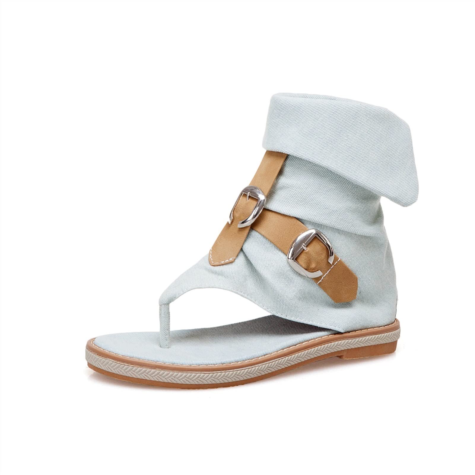 Women's Fashionable Flat Ankle Boots - Comfortable Outdoor Beach Shoes with Metal Decorative Clasp, Plus Size Sandals (Beige, Size 6) | Perfect for Summer Vacations, Beach Walks & Casual Outings