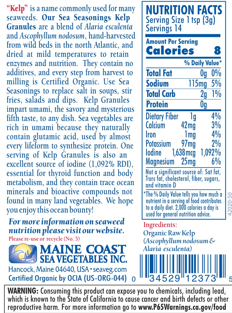 Organic Maine Coast Kelp Granules | Sustainably Harvested Seaweed Snacks | Low Sodium Salt Alternative | Rich in Iodine & Minerals | Perfect for Soups, Salads & Seasoning | 1.5 oz Pack | Vegan, Keto & Paleo Friendly | Healthy Cooking & Snacking