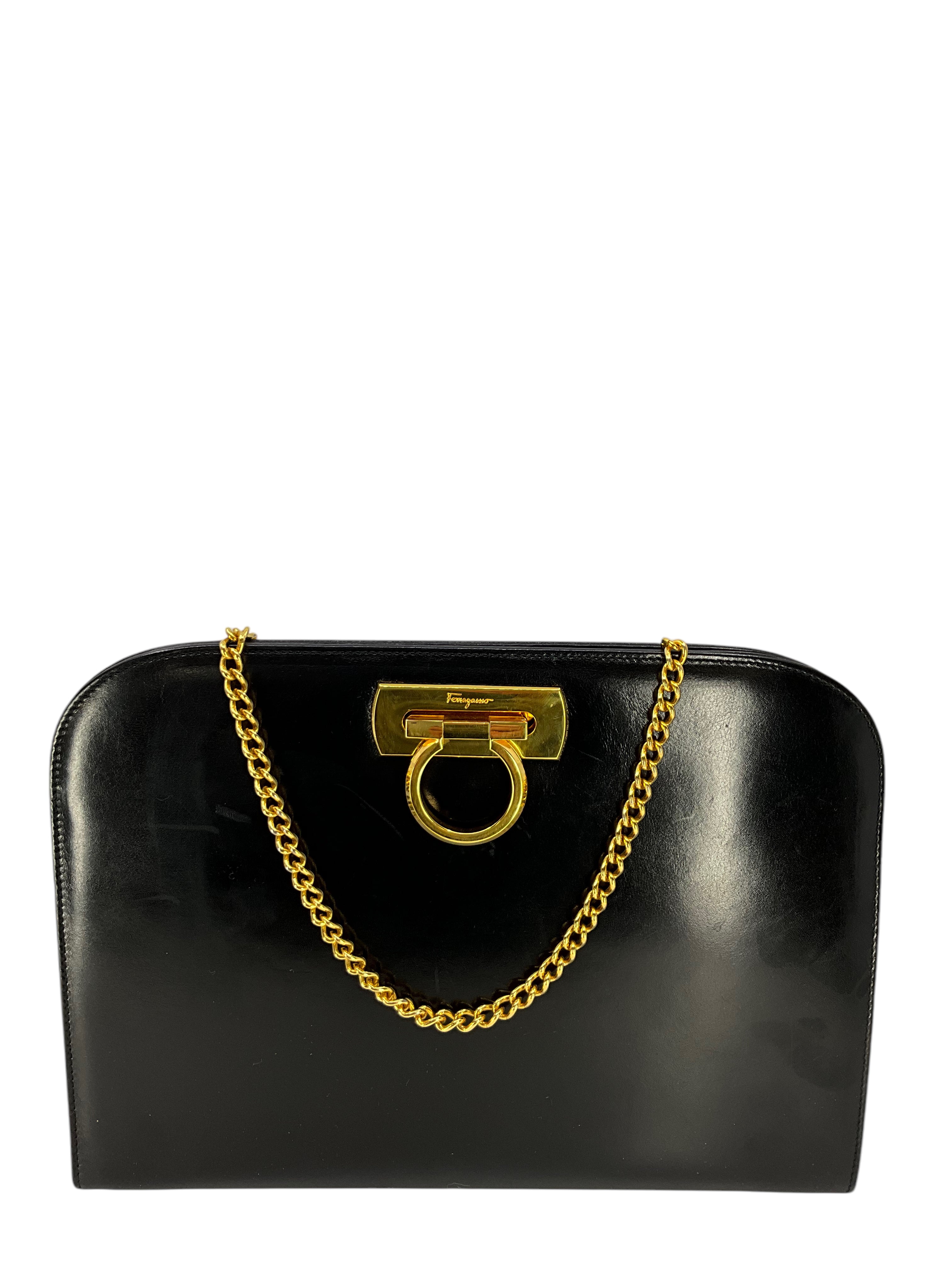Salvatore Ferragamo Genuine Leather Gancini Chain Link Shoulder Bag for Women - Luxury Designer Handbag for Work, Travel & Evening Events