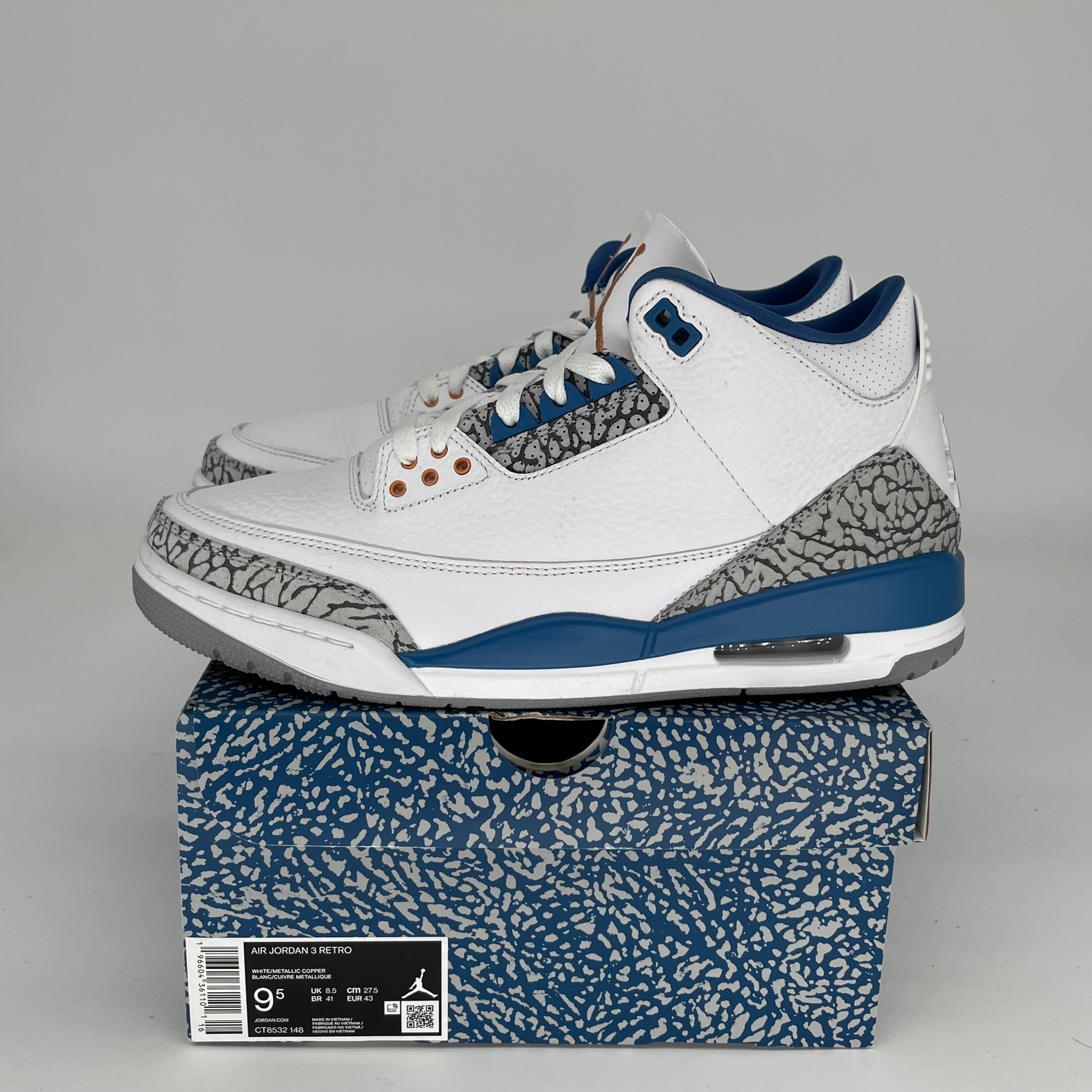 Original Air Jordan 3 Retro 'Wizards' Basketball Shoes - Size 9.5 (CT8532-148) for Men - Perfect for Streetwear, Sneaker Collecting & Casual Sports