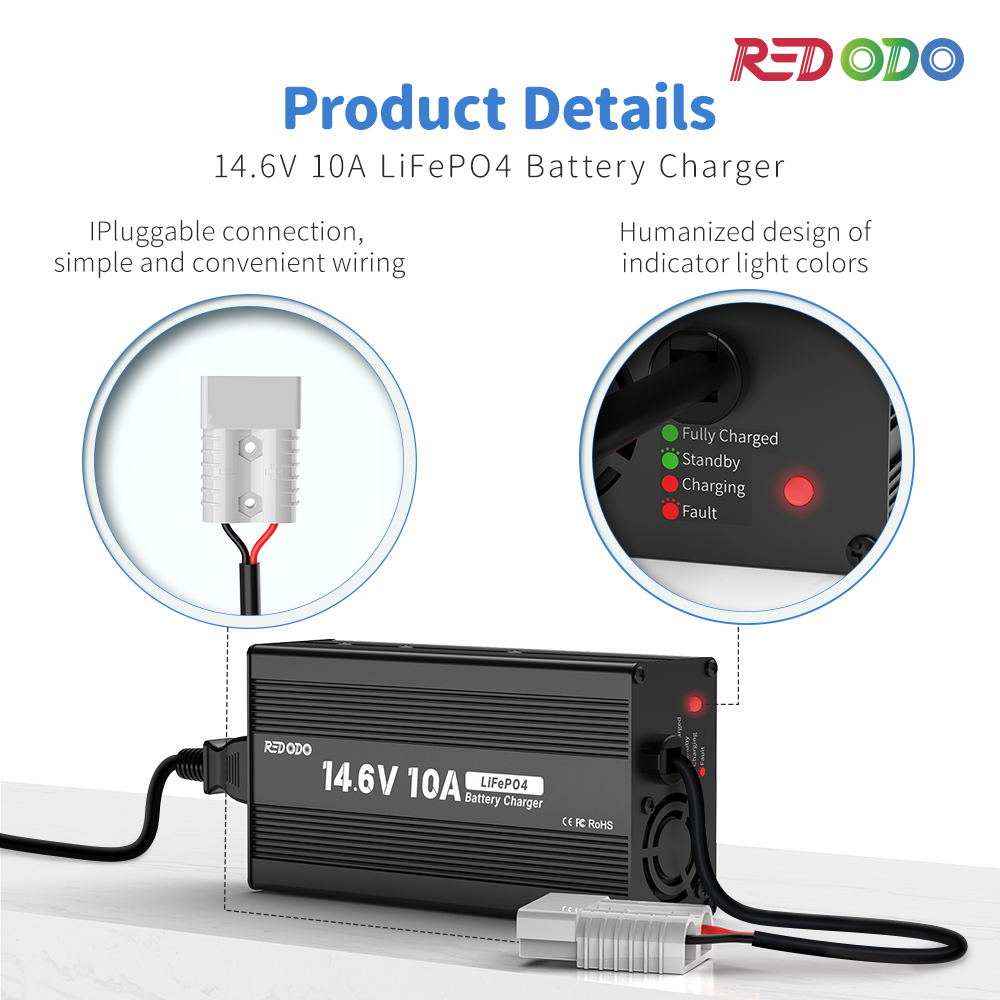 Redodo 14.6V 10A LiFePO4 Battery Charger for RVs, Solar Systems & Marine Applications - Fast Charging Lithium Iron Phosphate Batteries