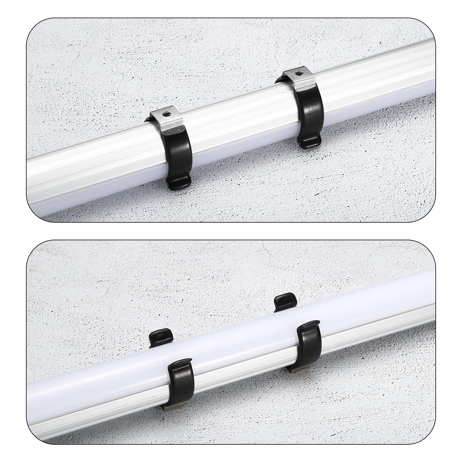 MECCANIXITY T10 U Clips Holder Bracket - 10 Pack Black Stainless Steel LED Light Bulb Mounting Bracket, Fluorescent Tube Holder with Screw Pipe Clamps & Spring Tool Clips - Perfect for Home, Garage, and Workshop Lighting Installations