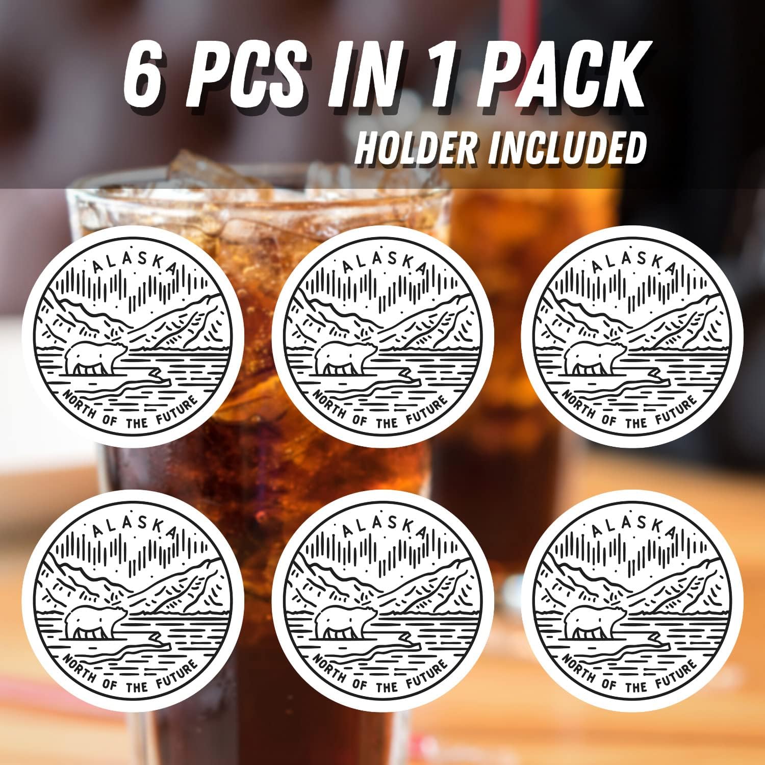 Onebttl Alaska Themed Coasters Set of 6 - Absorbent Ceramic Drink Coasters with Cork Base - Perfect Travel Souvenir, Homesick Gift, Housewarming Present for Women - Ideal for Coffee Tables, Office Desks & Home Decor