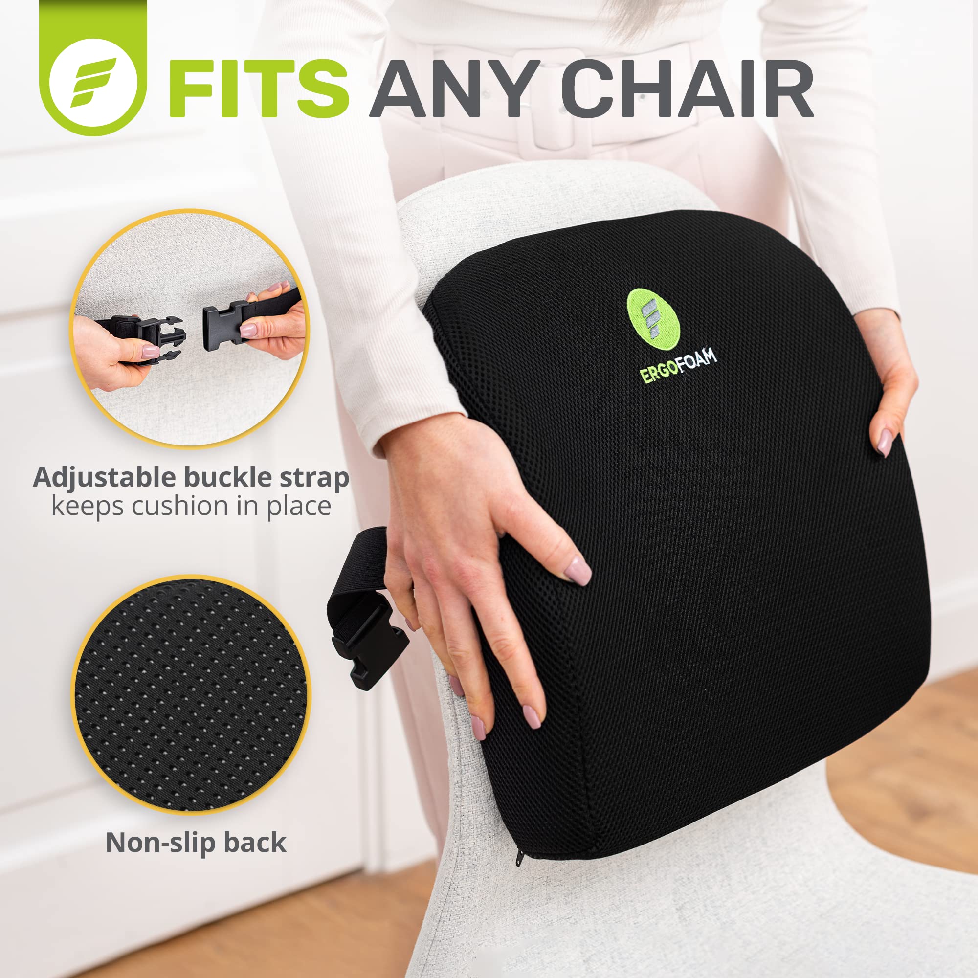 ErgoFoam Lumbar Support Pillow for Office Chairs - Premium Breathable Mesh Back Cushion for Back Pain Relief - Most Comfortable Orthopedic Seat Cushion for Home & Office Use - Perfect for Long Work Hours, Gaming, and Driving