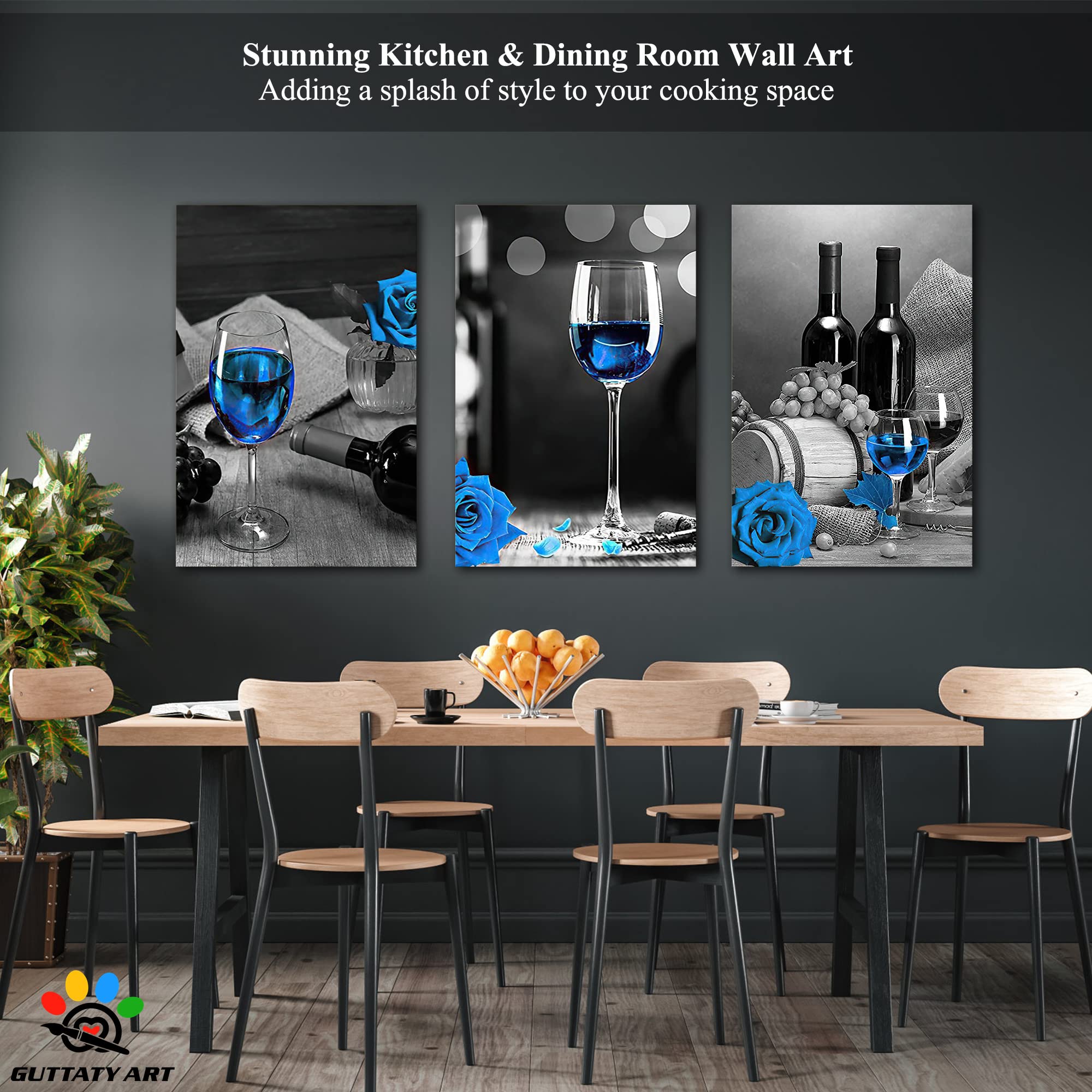 Modern Black & White Dining Room Wall Art Set - 3-Piece Blue Rose Wine Glasses Canvas Prints (24x36 Inches) for Kitchen & Home Decor | Perfect for Dining Areas, Restaurants & Wine Bars