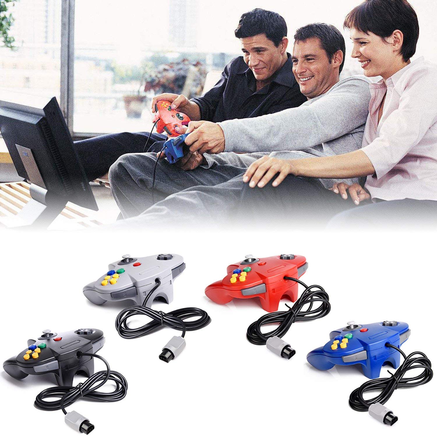 KIWITATA 2 Pack Classic N64 Controller - Wired Retro Game Controller for Nintendo 64 Console (Red & Black) - Perfect for Mario Kart 64, Super Smash Bros & GoldenEye 007 Gaming Sessions