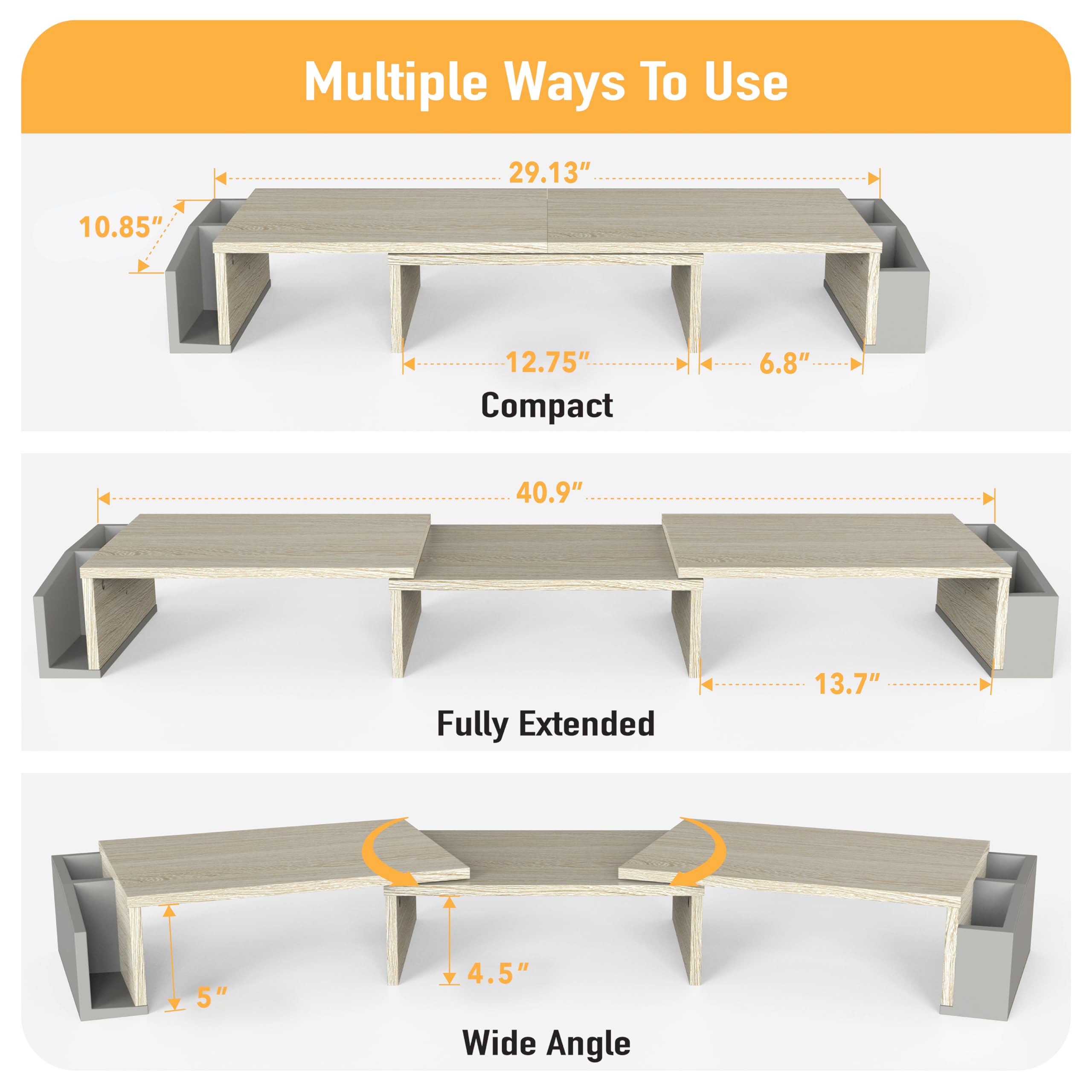 Dual Monitor Stand Riser with Storage Drawer - Maple Wood Desktop Organizer for Home & Office Workspace