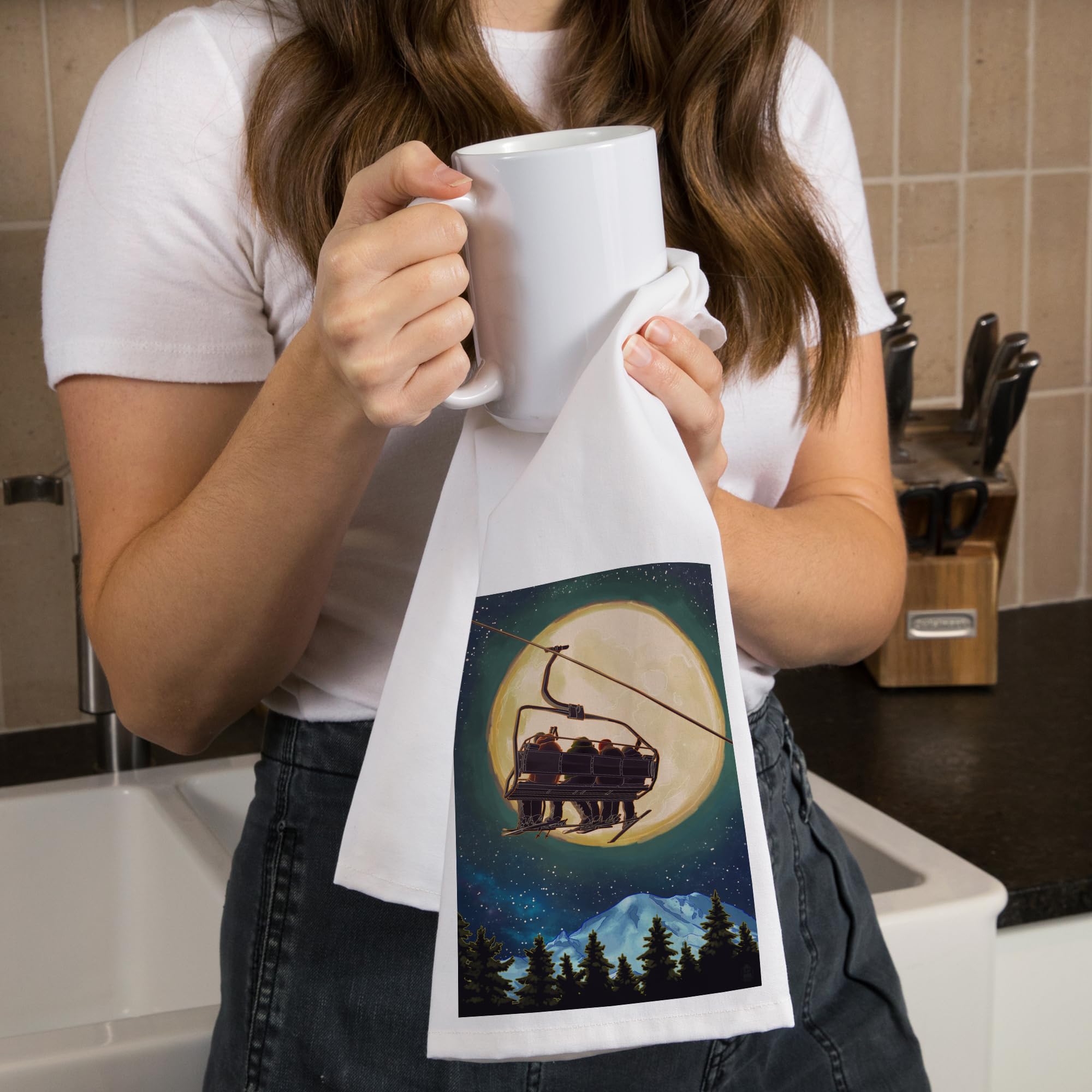 Lantern Press Ski Lift and Full Moon Cotton Tea Towel - 100% Soft Absorbent Kitchen Hand Towel, Decorative Home Dish Towel for Cooking, Drying Dishes & Cozy Cabin Decor
