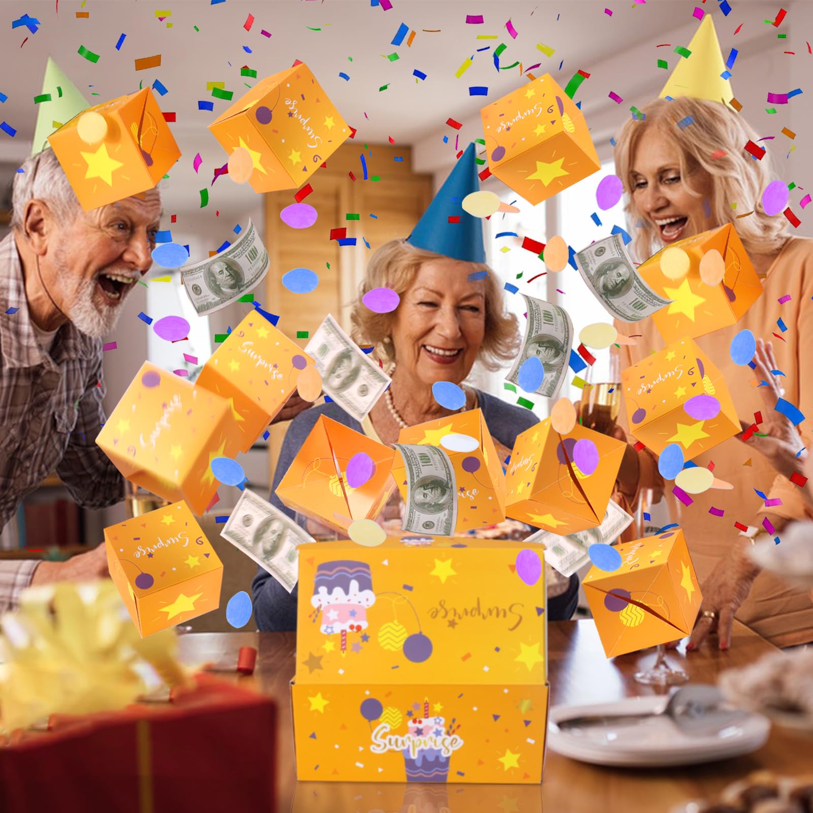 BABORUI Money Explosion Gift Box - Birthday Surprise Box with Confetti for Women, Men & Kids | Perfect for Birthday Parties, Celebrations & Special Occasions (Yellow)