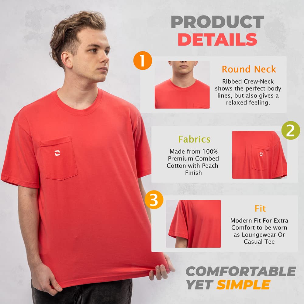 SHOHELL Men's Cotton Pocket T-Shirts Multipack - Soft Comfortable Crew Neck Tees for Casual Wear, Work & Everyday Outfits