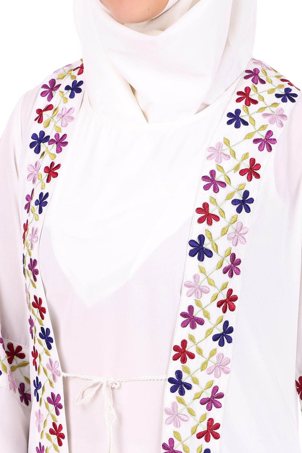 Elegant White Embroidered Front Open Abaya for Women - Perfect for Prayer, Modest Fashion, and Special Occasions