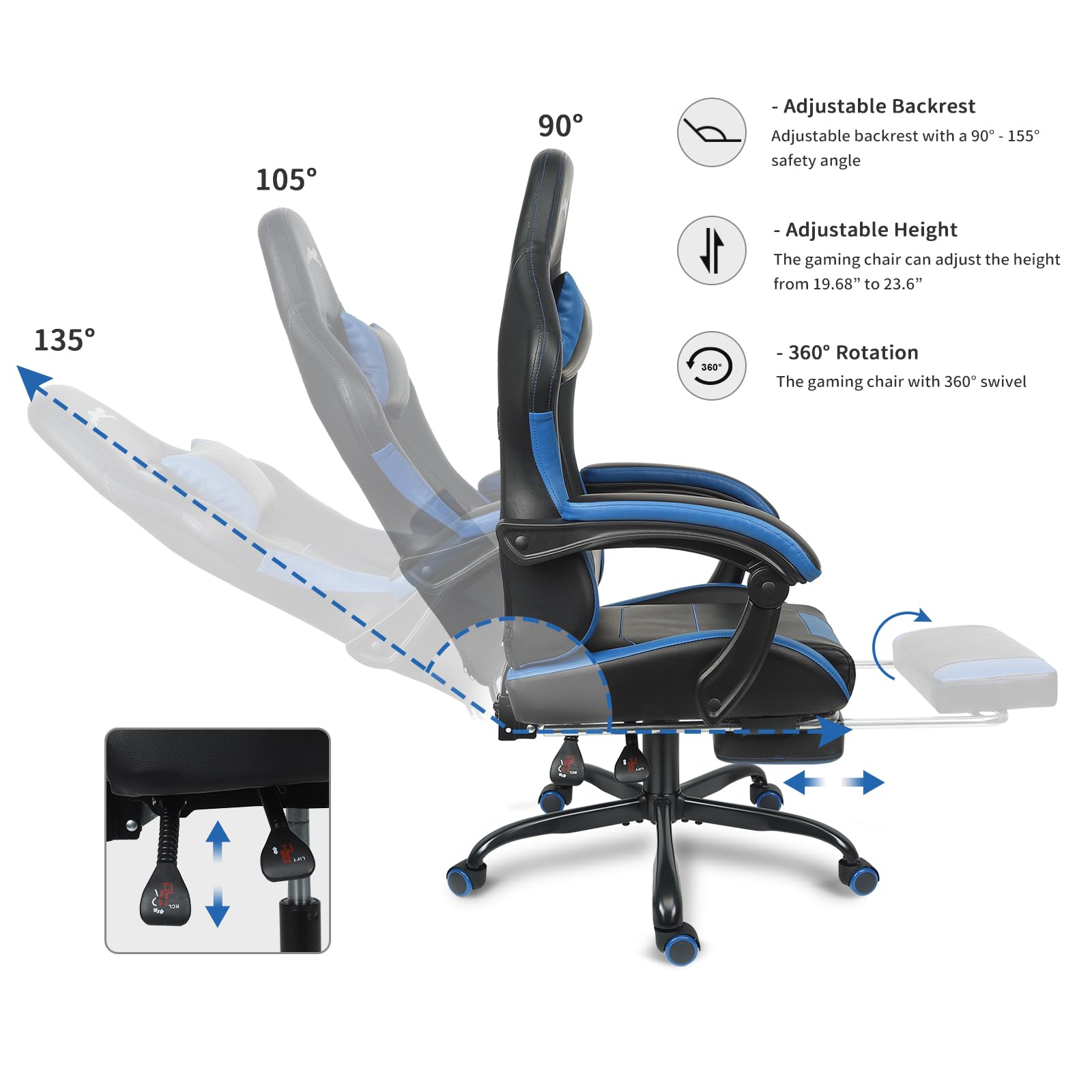 Premium Leopard Print Gaming Chair with Adjustable Footrest & Lumbar Support - Ergonomic Computer Game Chair for PC, Console Gaming, Office & Home - Height Adjustable Racing Style Chair (Black/Blue) - Perfect for Esports, Streaming & Long Work Sessions