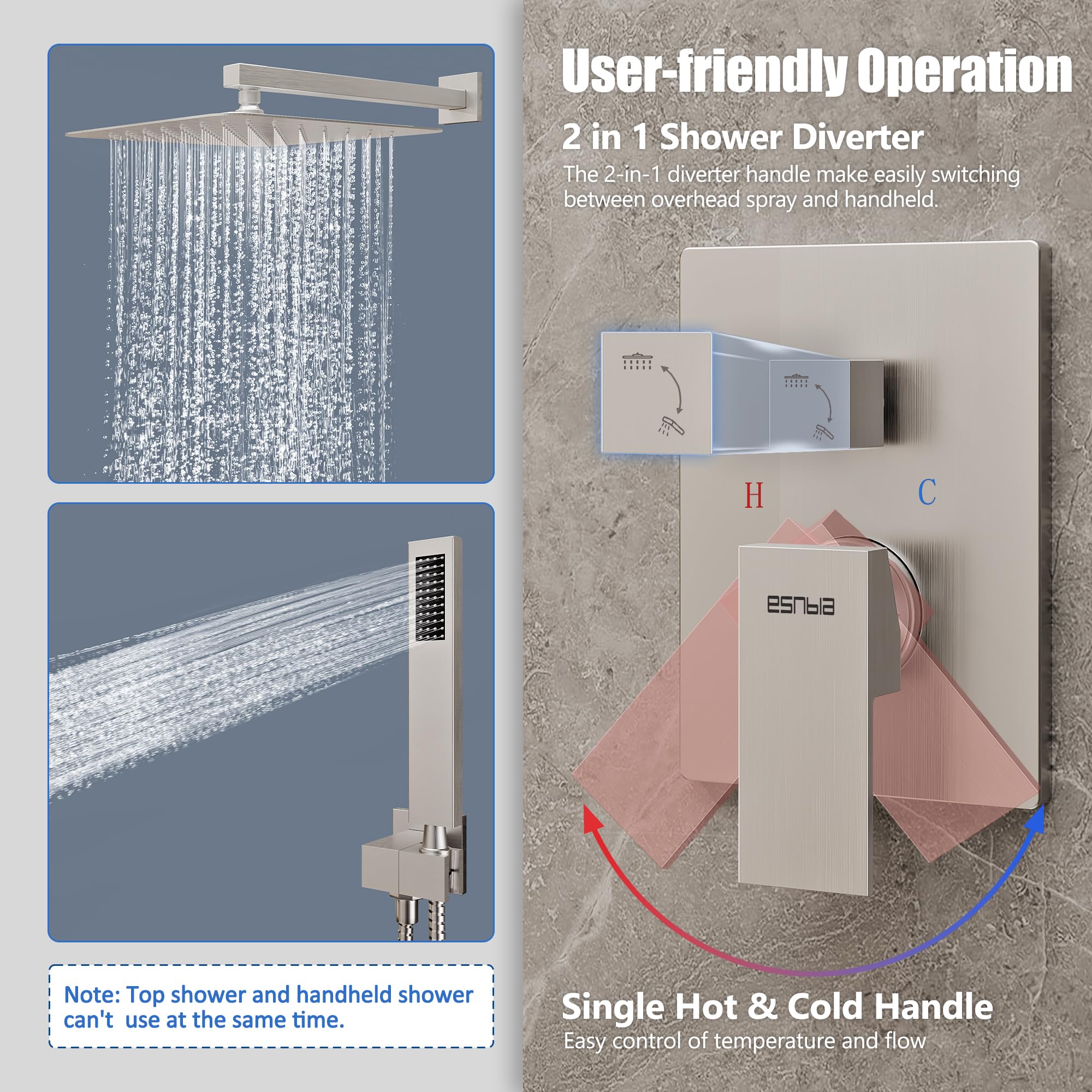ESNBIA 12-Inch Pressure Balance Shower System - Wall Mounted Rainfall Shower Head with Handheld Spray Combo, Brushed Nickel Finish - High Pressure Shower Faucet Set for Luxurious Bathroom Experience | Perfect for Master Bath, Spa-Like Showers & Modern Home Renovations