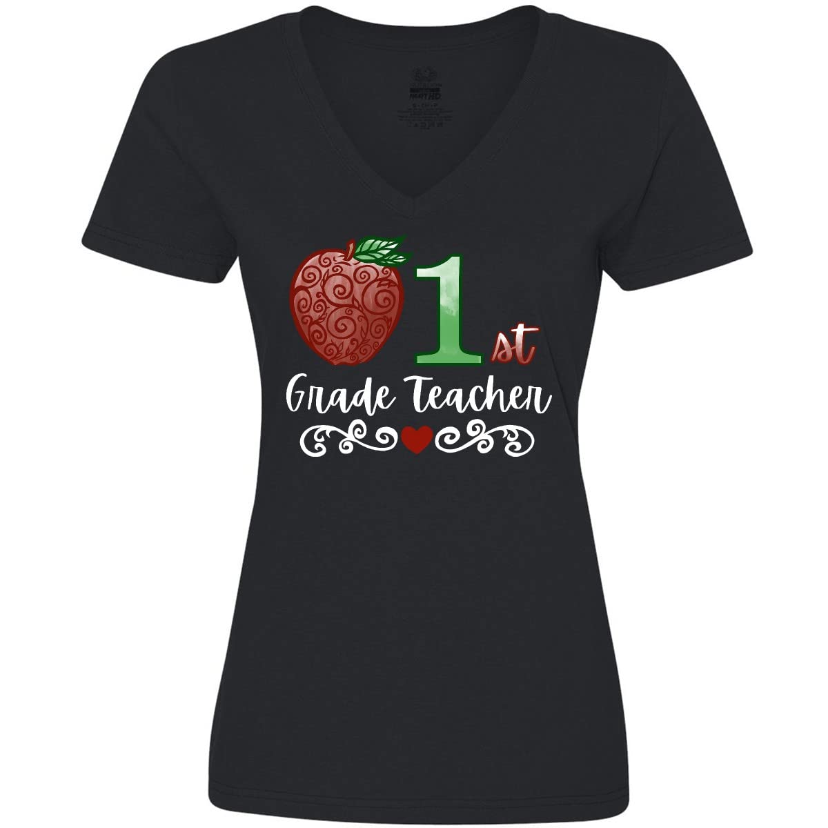 1st Grade Teacher T-Shirt with Red Apple Design - Women's V-Neck Casual Tee for School, Teaching & Teacher Appreciation Gifts