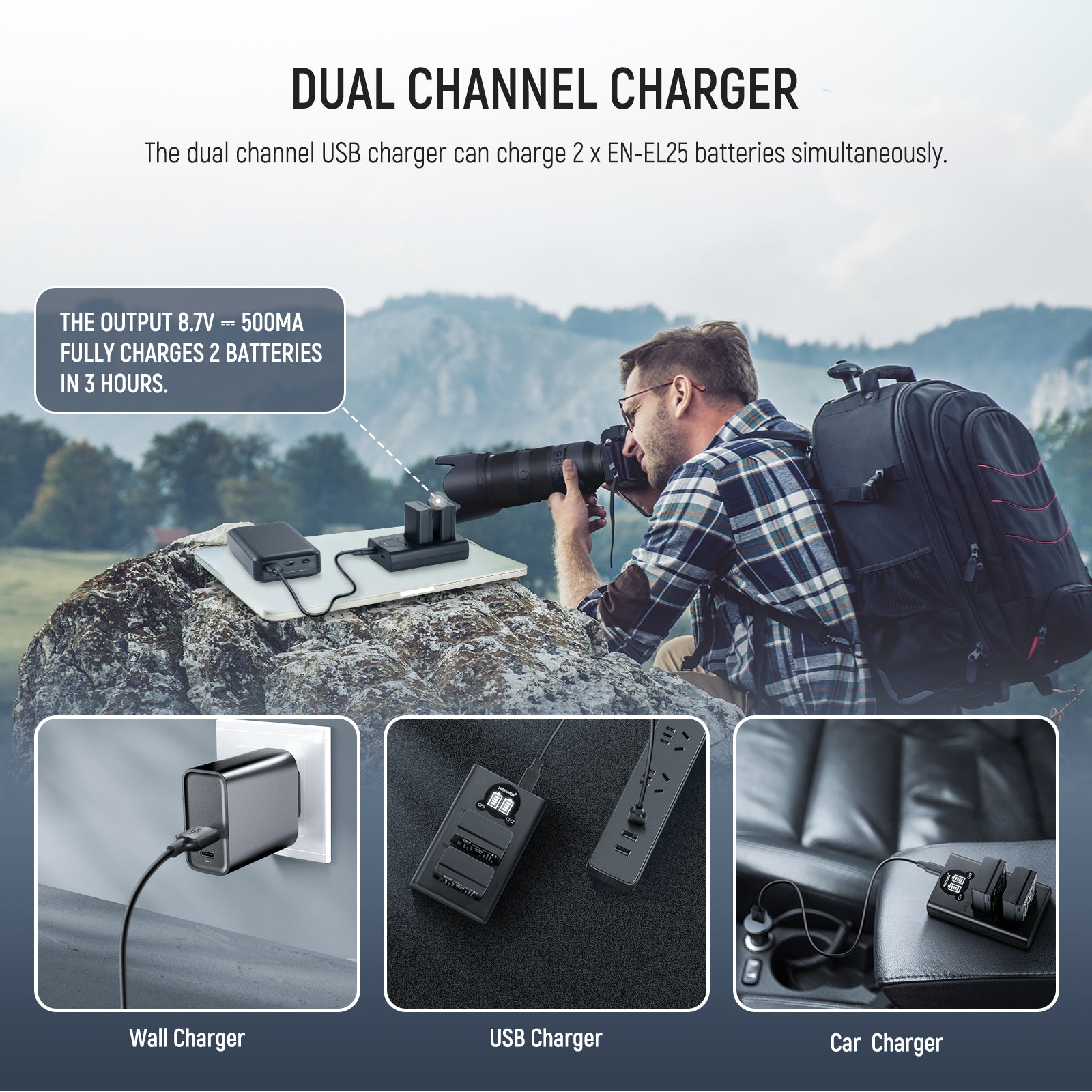 NEEWER EN-EL25 Replacement Battery & LCD USB Dual Charger for Nikon DSLR Cameras - Perfect for Travel, Photography, and Professional Use