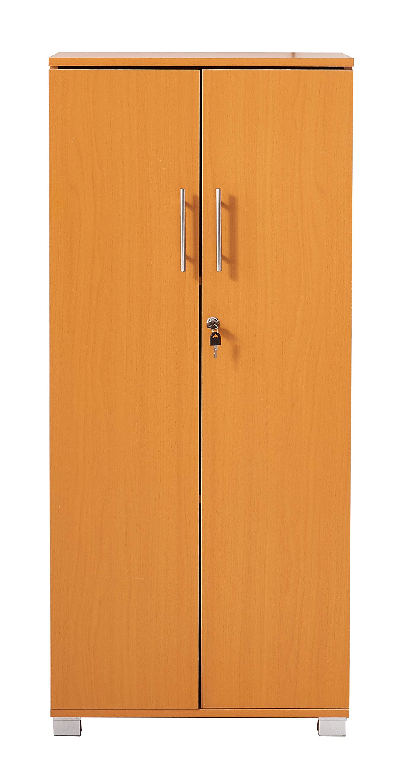 Tall 2-Door MMT Pantry Cabinet - Lockable Kitchen Cupboard & Office Storage Bookcase with 3 Adjustable Shelves (Beech) - Perfect for Home Kitchen Organization, Office Filing, and Living Room Storage