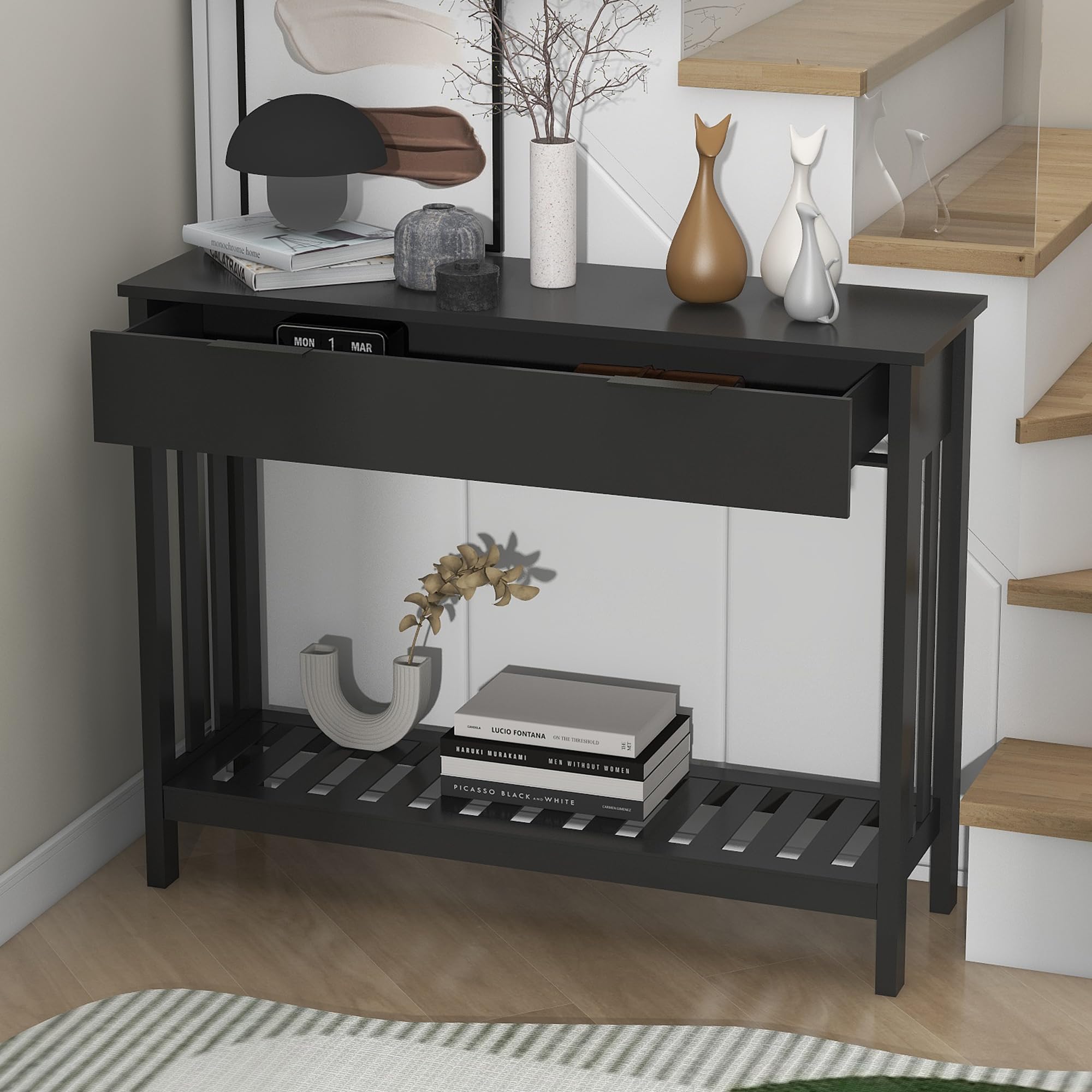 Modern Black Entryway Table with Drawer - Slim Wooden Console Table with Storage for Hallway, Living Room & Office - Perfect for Small Spaces, Front Door Decor & Sofa Side Table - Home & Office Organization Solution