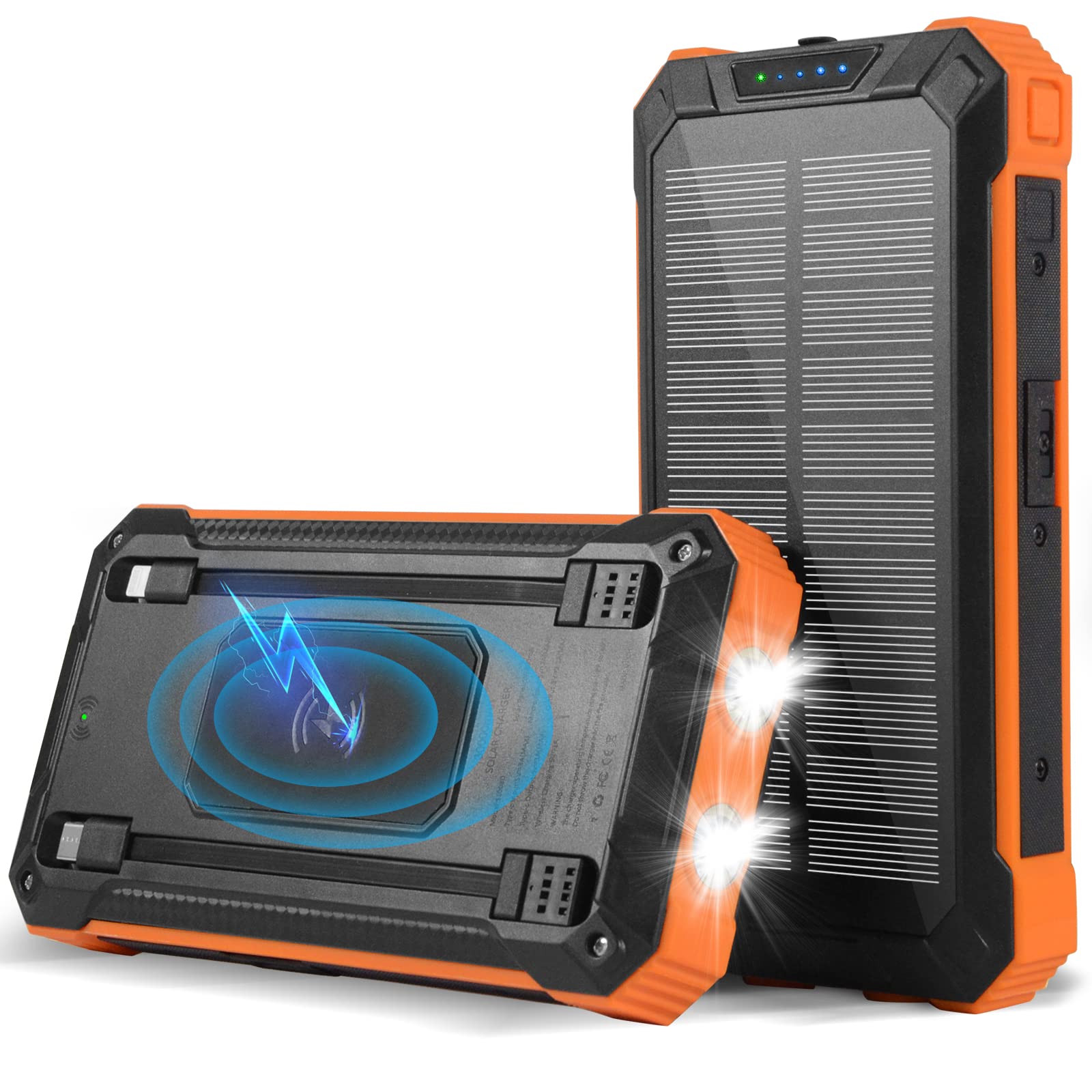 30000mAh Solar Phone Charger - 15W USB C & Qi Wireless Fast Charging Portable Power Bank with Dual LED Flashlight | Waterproof External Battery Pack for iPhone, Samsung, Tablets | Perfect for Camping, Hiking & Emergency Power Outages
