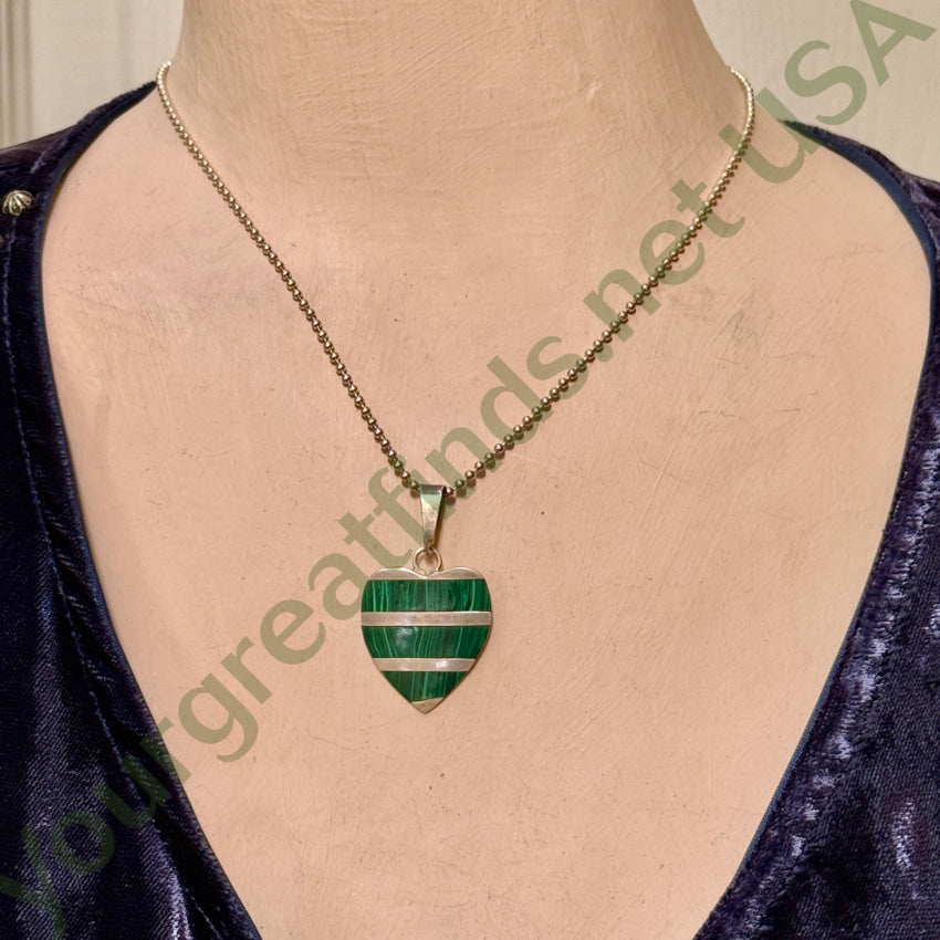 Sterling Silver Channel Inlay Malachite Heart Pendant Necklace - Elegant Jewelry Gift for Women, Perfect for Valentine's Day, Anniversary & Special Occasions