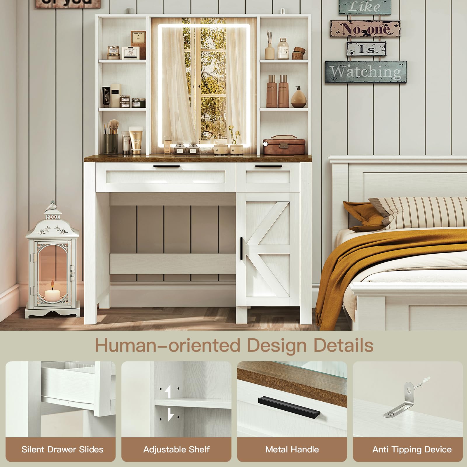 Farmhouse Makeup Vanity Desk with Mirror & LED Lights - White Glass Top Dressing Table with Adjustable Shelves, 2 Drawers & Side Cabinet - Perfect for Bedroom, Dorm Room or Boudoir Makeup Organization