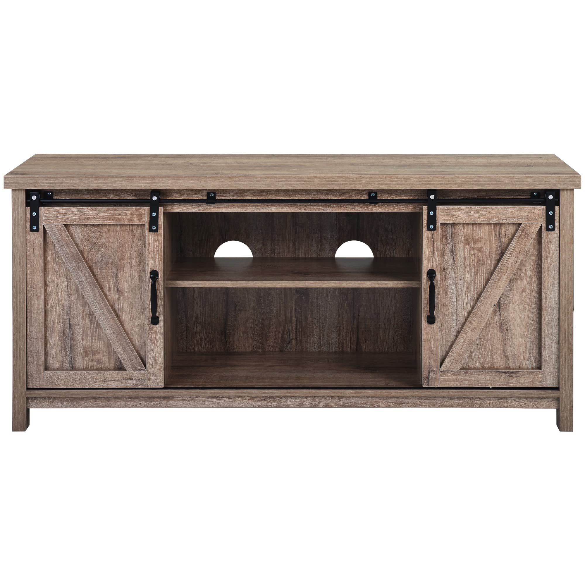 Farmhouse Wood TV Stand with Double Sliding Barn Doors & Open Shelves - Rustic Entertainment Center & Storage Cabinet for Living Room, Bedroom, Kitchen | Perfect for Home Theater Setup & Cozy Living Spaces (Oak Finish)