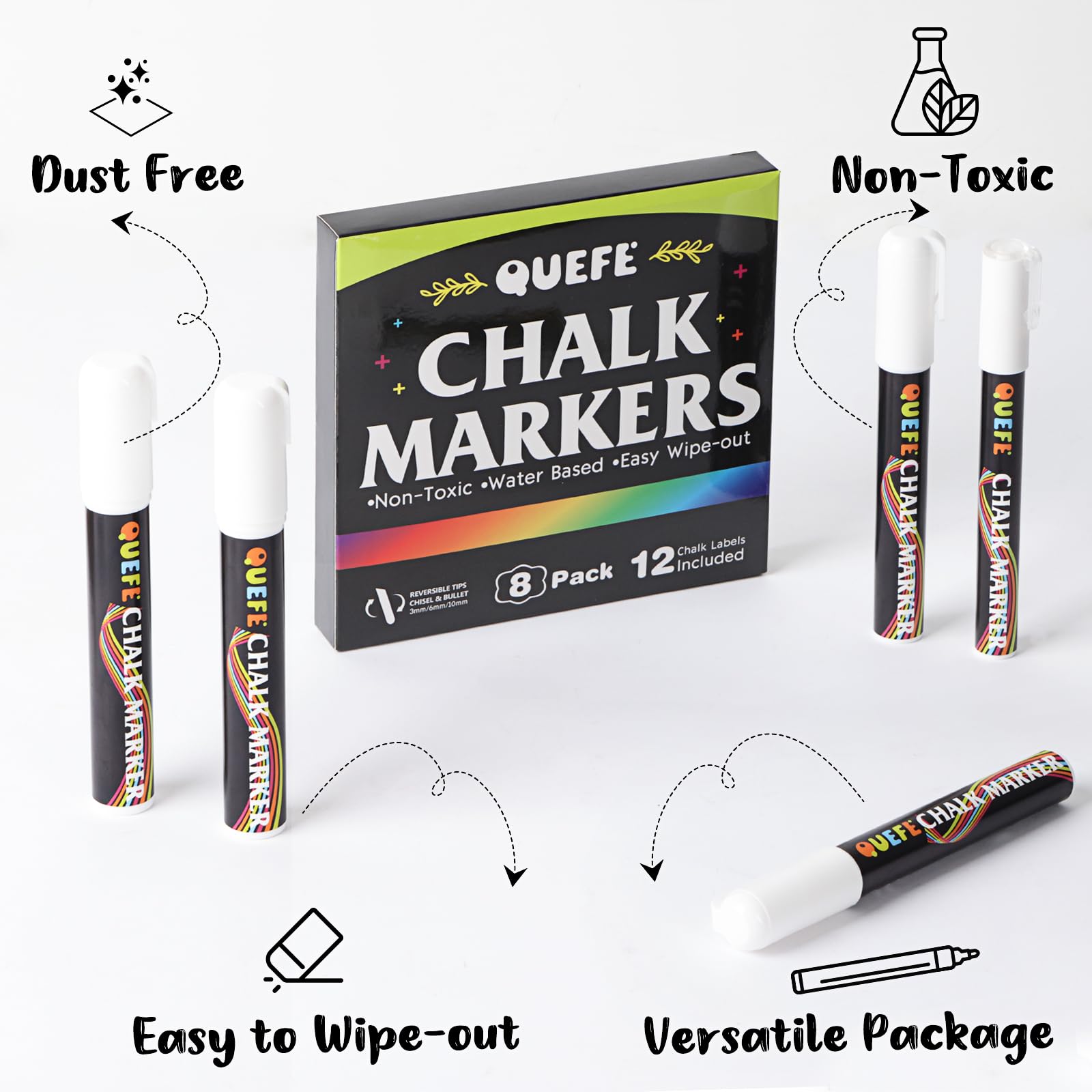 QUEFE 8 Pack Chalk Markers Set - 3mm, 6mm, 10mm Reversible Tip Liquid Chalk Pens for Blackboard, Glass & Mirrors | Dry Erase Markers for Windows, Restaurants, Classrooms & DIY Crafts