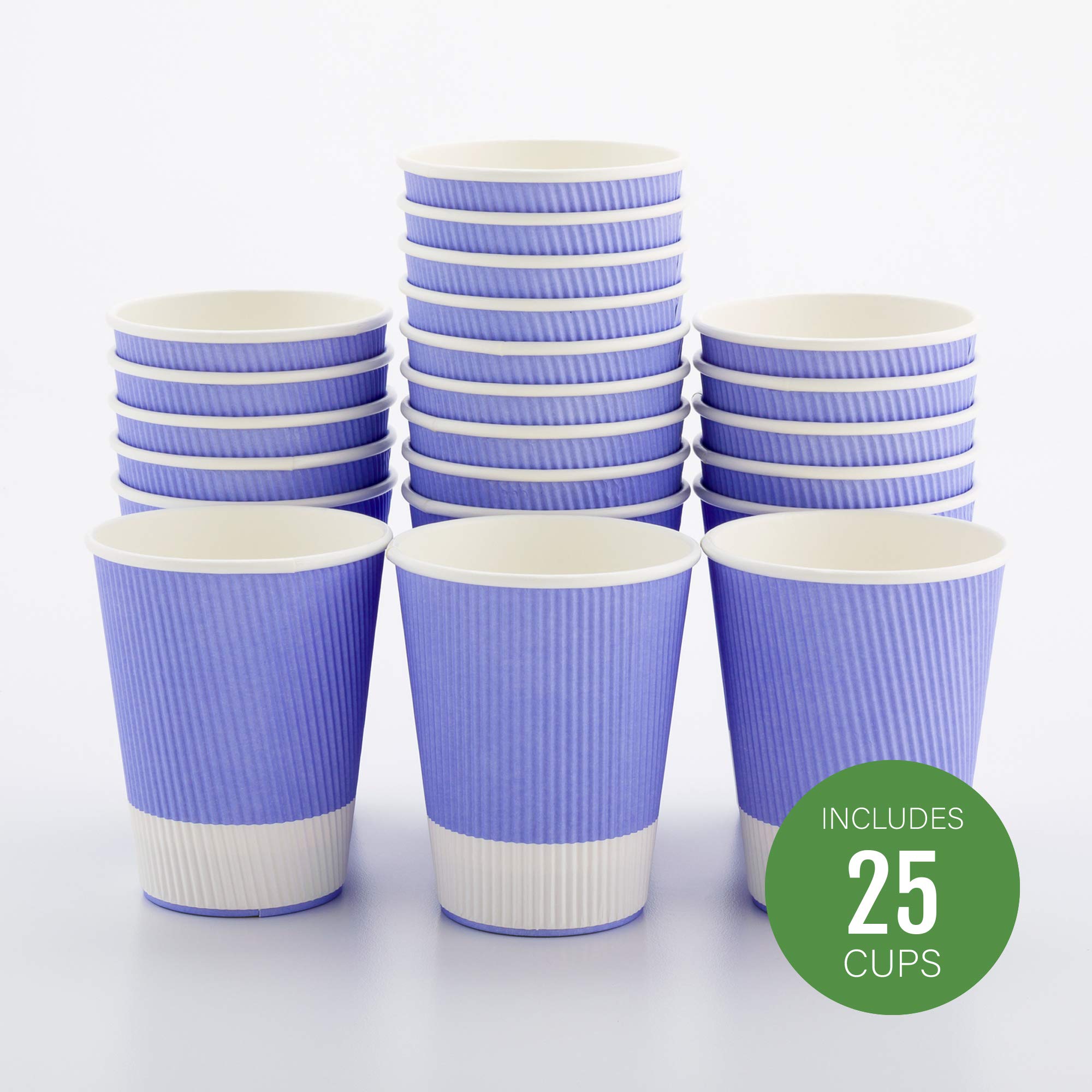 12oz Disposable Paper Coffee Cups (25 Pack) - Leakproof & Insulated Ripple Wall Hot Cups, Recyclable Light Purple - Perfect for Coffee Shops, Offices & Catering Events - Lids Sold Separately