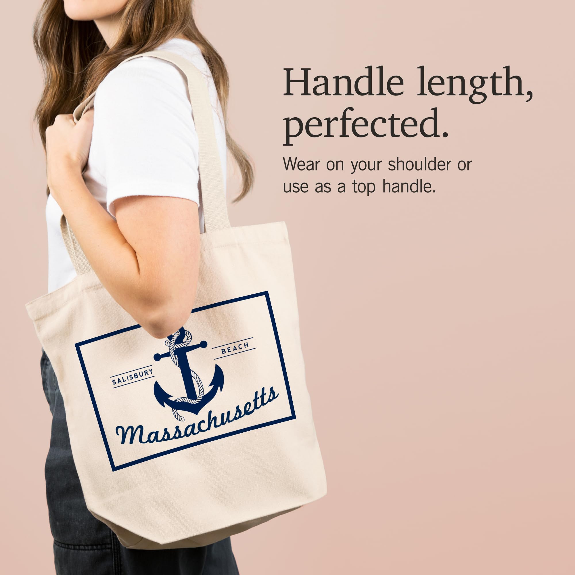 Lantern Press Salisbury Beach Massachusetts Blue and White Anchor Tote Bag - 100% Cotton Canvas Reusable Shopping Bag for Beach, Grocery & Everyday Use