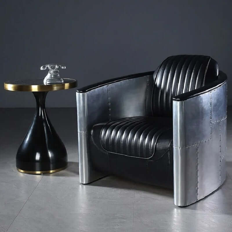 Industrial Loft Style Black Barrel Accent Chair - Genuine PU Leather Upholstered Modern Lounge Chair for Living Room, Office or Reading Nook