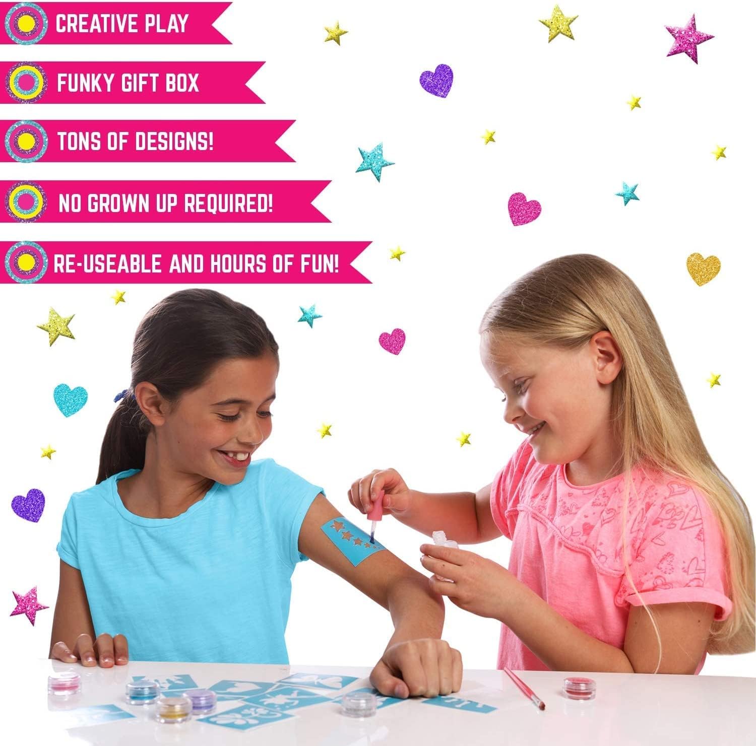 GirlZone 33-Piece Glitter Tattoo Kit for Kids - Non-Toxic & Skin-Friendly Temporary Tattoo Set with 24 Stencil Designs, 6 Cosmetic Glitters, 2 Brushes & Adhesive - Perfect for Birthday Parties, Halloween, Valentine's Day & Easter Gifts