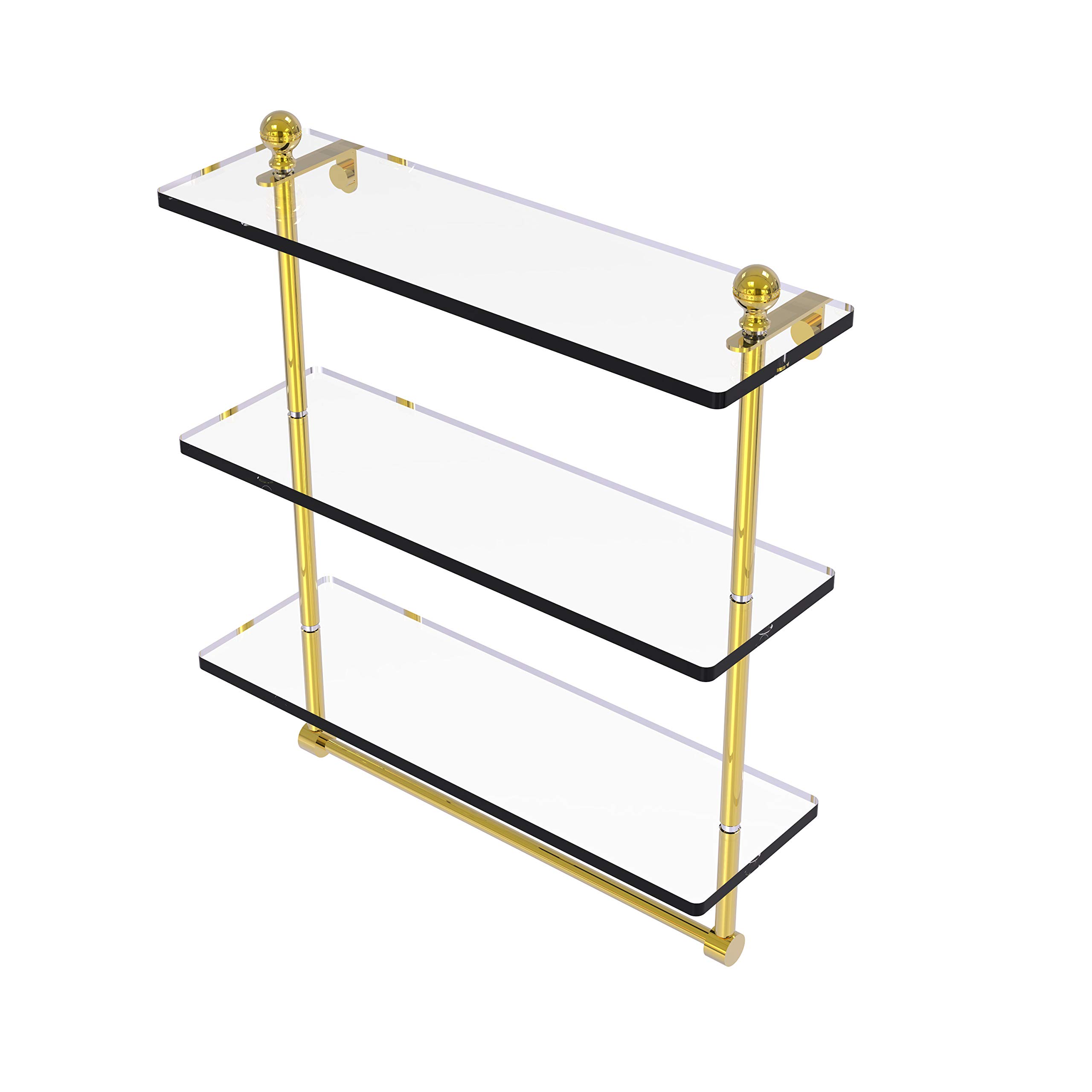 Allied Brass MA-5/16TB Mambo Collection 16 Inch Triple Tiered Integrated Towel Bar with Glass Shelf - Polished Brass Bathroom Organizer for Spa, Luxury Home & Hotel Decor
