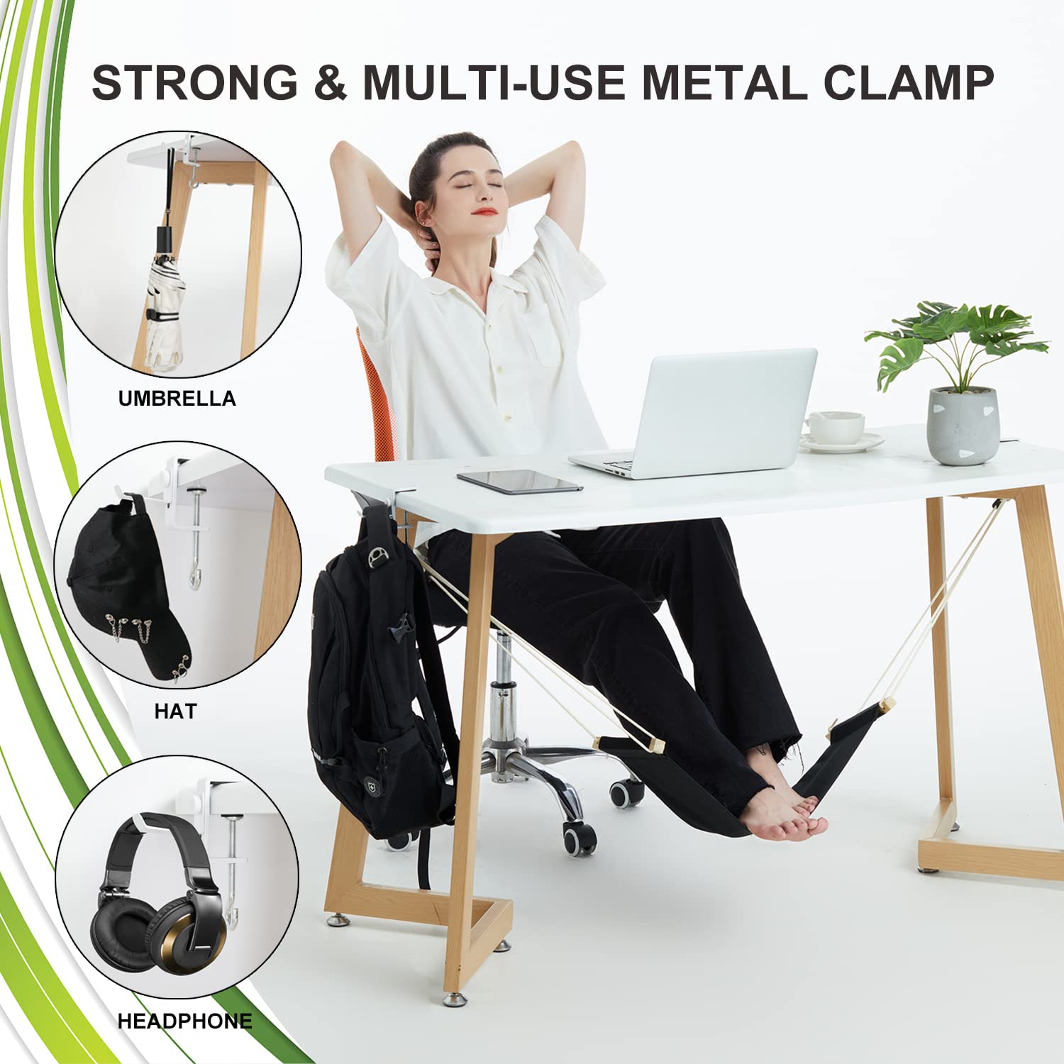 Auoinge Adjustable Under Desk Foot Rest - Portable Office Foot Hammock with Headphone Holder - Ergonomic Foot Support for Work & Travel (Black) - Perfect for Home Office, Airplane & Car Use