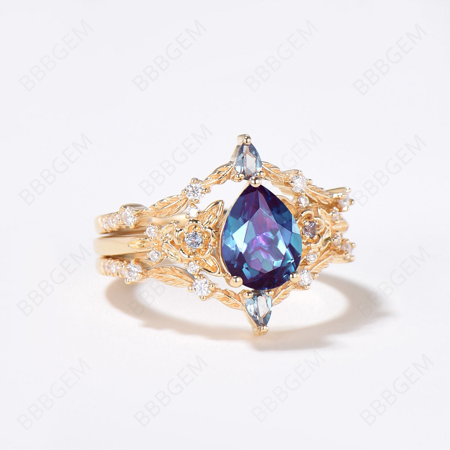 14K Solid Gold Pear Shape Alexandrite Engagement Ring Set with Floral Promise Ring & Branch Leaf Wedding Band Enhancer - Nature Inspired Jewelry for Weddings, Anniversaries & Romantic Gifts