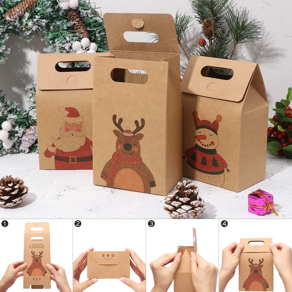 HEMOTON 16PCS Christmas Treat Bags - Durable Kraft Paper Gift Wrapping Bags for Cookies, Candy & Chocolate - Perfect for Holiday Parties, Gift Giving & Food Storage