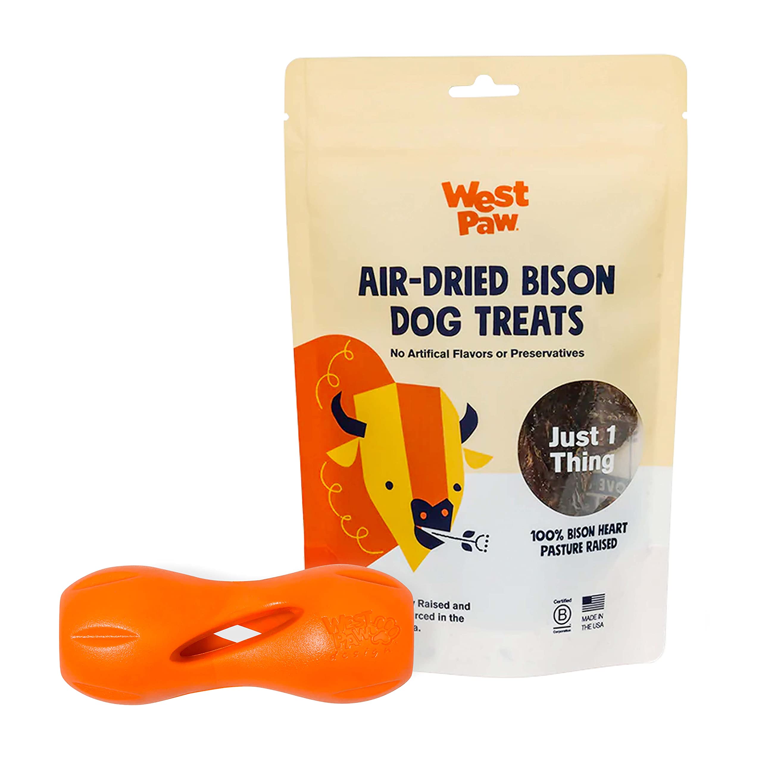 Premium Air Dried Bison Heart Dog Treats with Zogoflex Qwizl Interactive Treat Dispenser Toy Bundle – All-Natural Farm Fresh Bison Snacks & Durable Chew Toy for Dogs – Perfect for Training, Enrichment & Mental Stimulation – Holds Kibble & Treats for Long-Lasting Fun