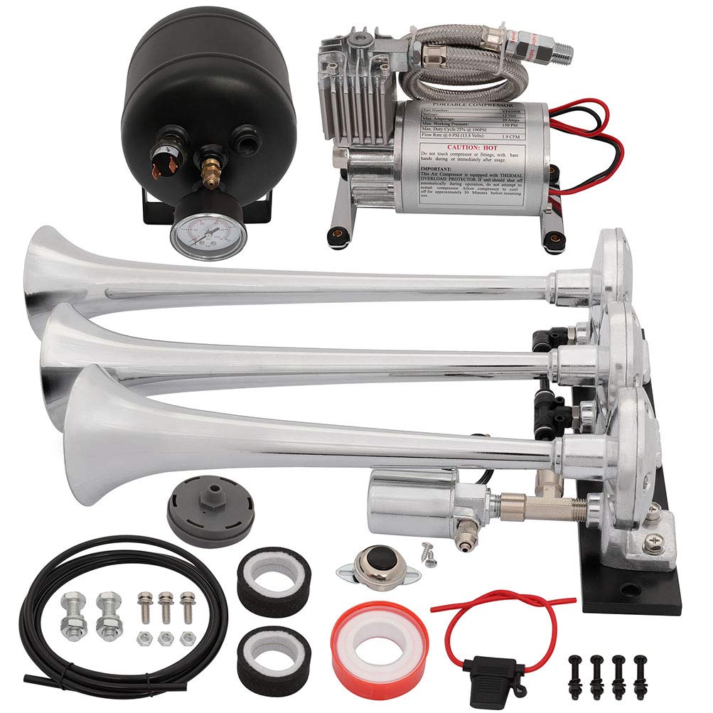3 Trumpet Electric Train Air Horn Kit - 150 PSI Air Compressor with 0.5 Gallon Tank for Trucks, Cars & Motorcycles (12V) - Loud Warning System for Emergency, Off-Road & Safety Alerts